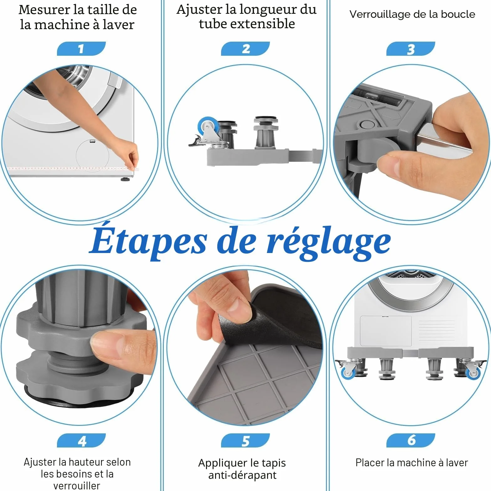 Support Machine à Laver Réglable 42-66 cm Socle Lave Linge 8 Pieds 4 Roues Base Antidérapante 300 kg