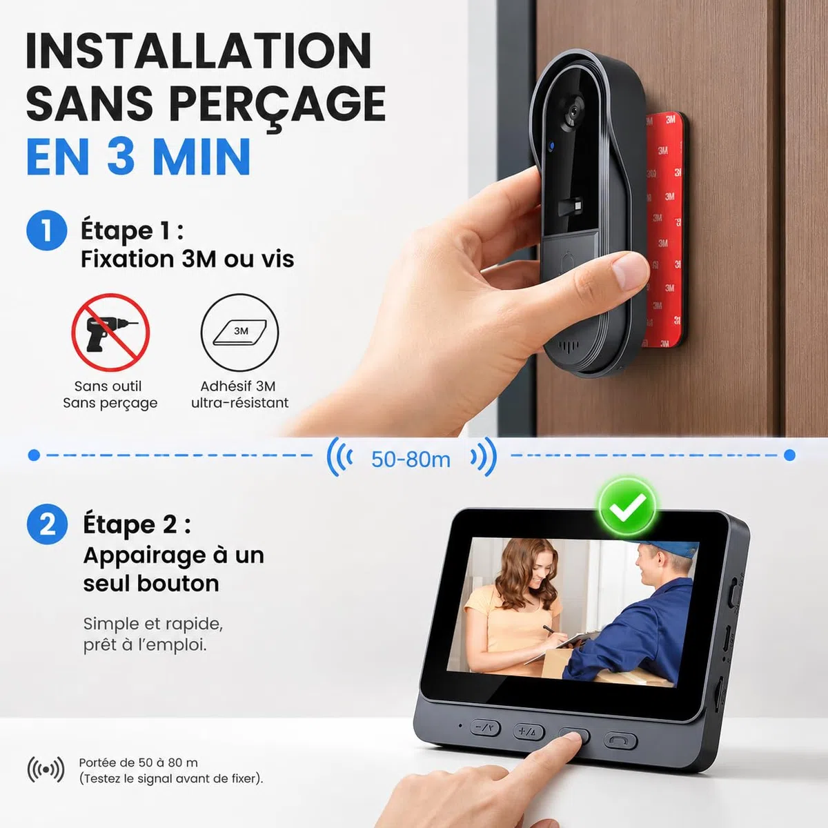 Sonnette sans Fil avec Caméra Extérieur Étanche 1080P, Visiophone Vidéo sans Fil Écran 4.3" Interphone Vidéo Exterieur Etanche Angle 170° Portier Vidéo Maison