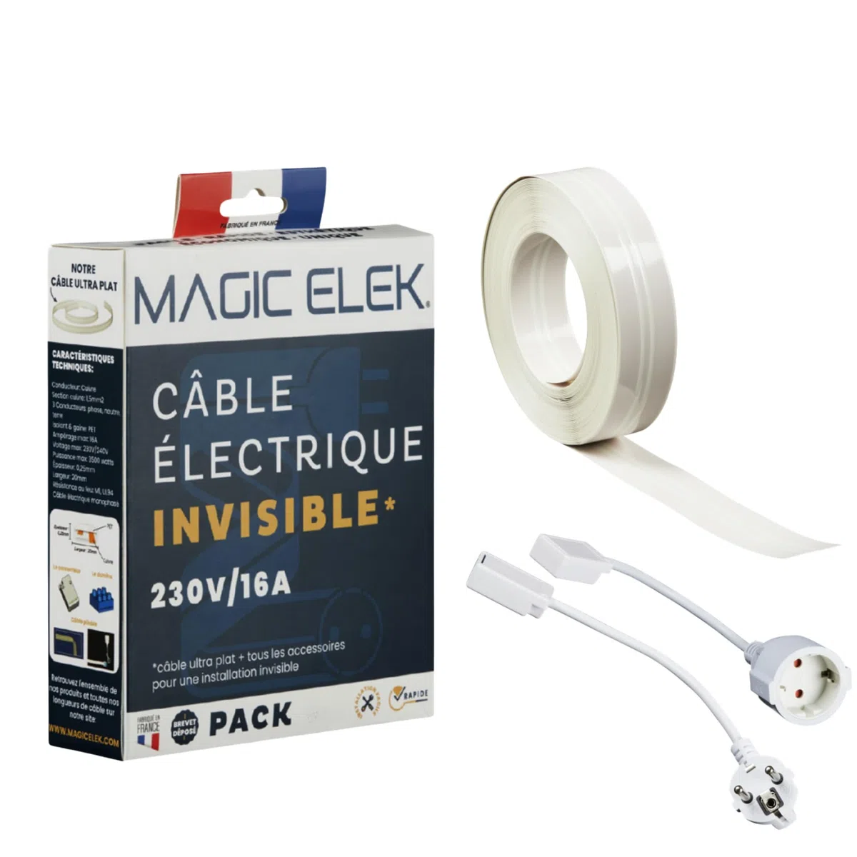 Câble électrique invisible ultra plat 5M 230V/16A 3 lignes