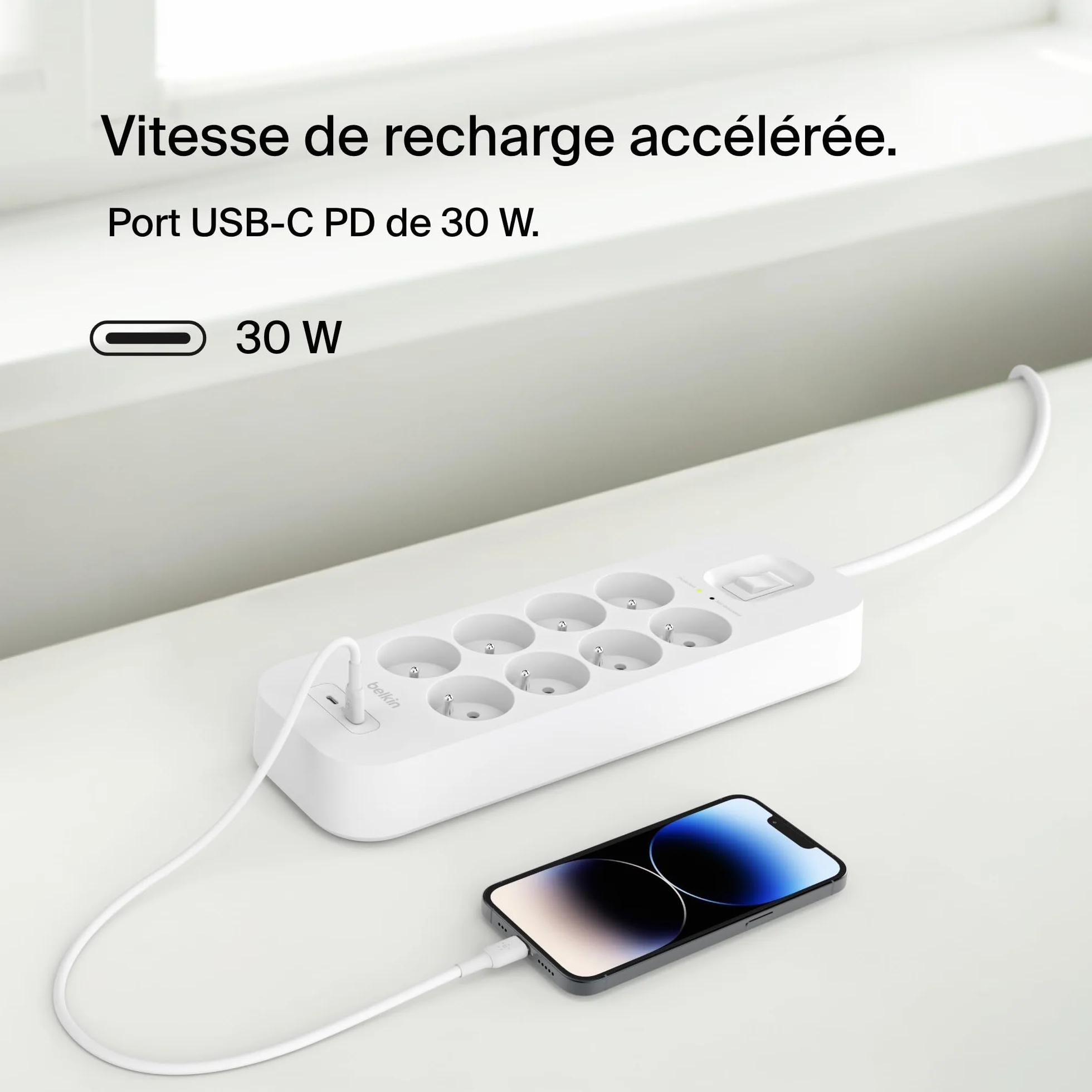 Belkin Multiprise parafoudre USB 8 prises 2 ports USB-C recharge rapide PD 900 joules