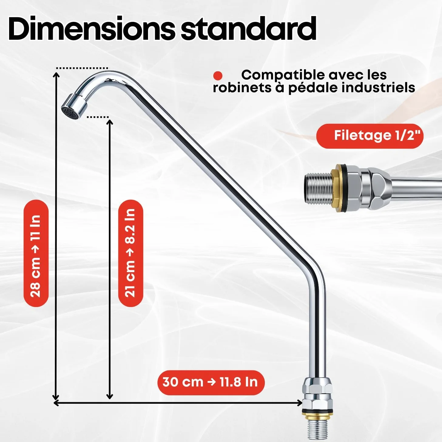 Bec haut rotatif avec aérateur pour robinet à pédale de cuisine industrielle – Col de cygne chromé en acier inoxydable
