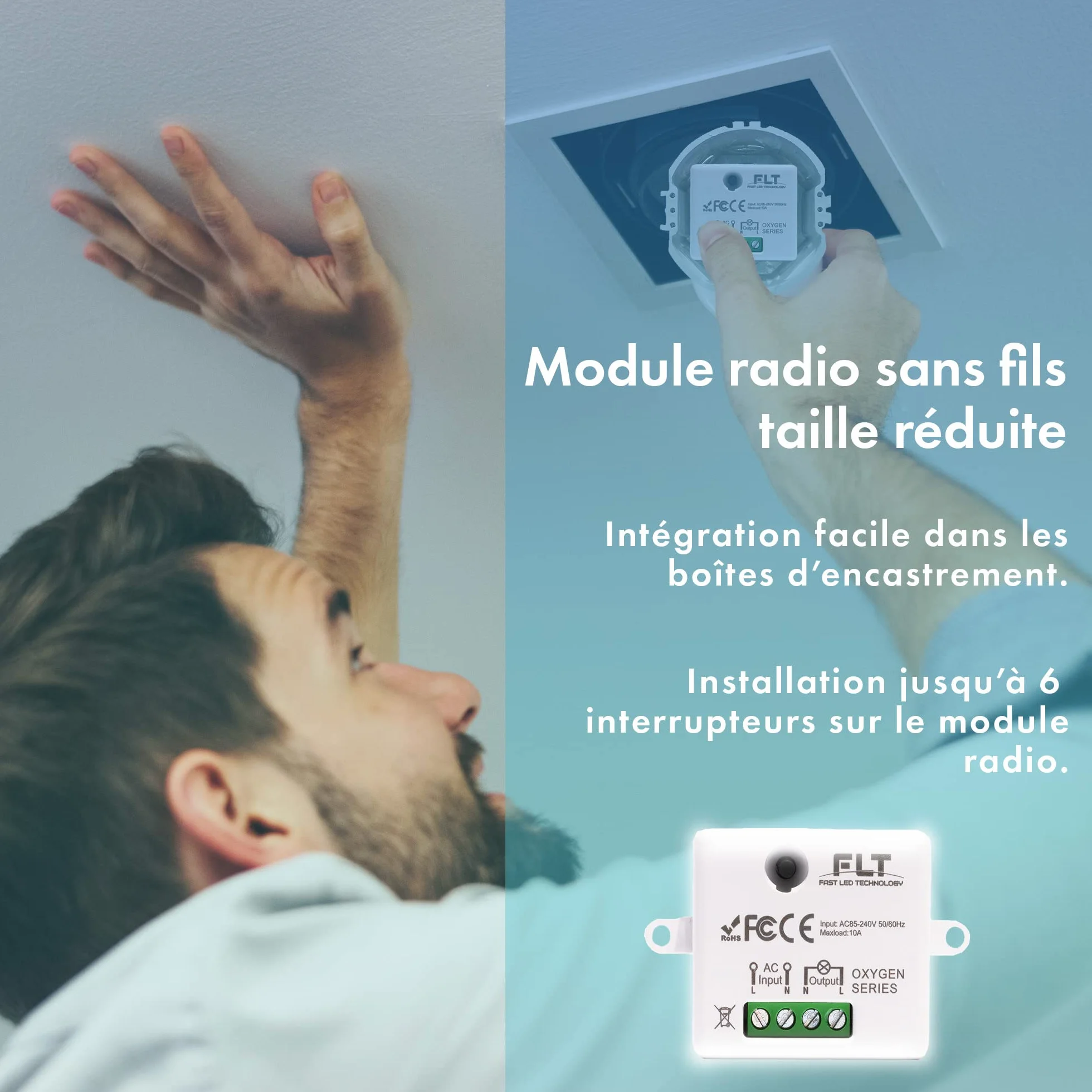 Interrupteur sans fil auto-alimenté RF 2 télécommandes double allumage + relais radio encastrable IP64