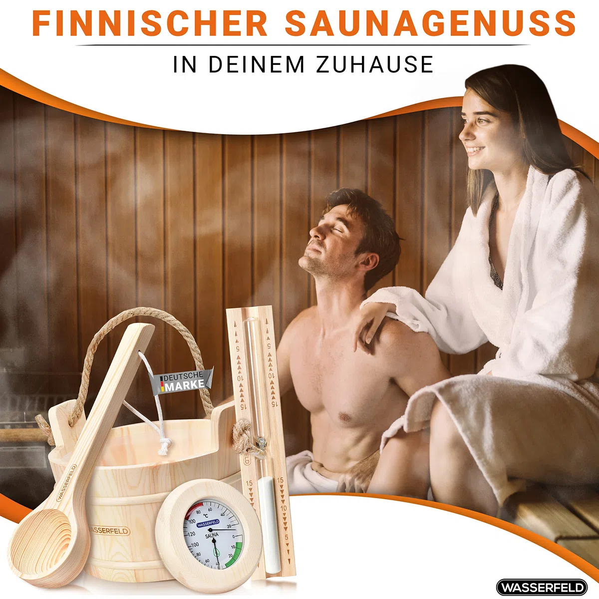 WASSERFELD® Seau de sauna 4 litres avec truelle, sablier, thermomètre et hygromètre