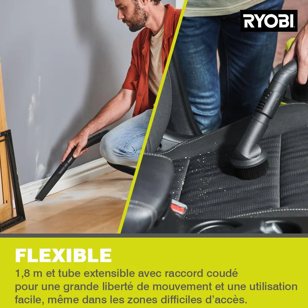 RYOBI Aspirateur Eau et Poussière sans Fil 18V One+ R18WDV-0 Cuve 11L Tuyau 1,8 m Accessoires Inclus