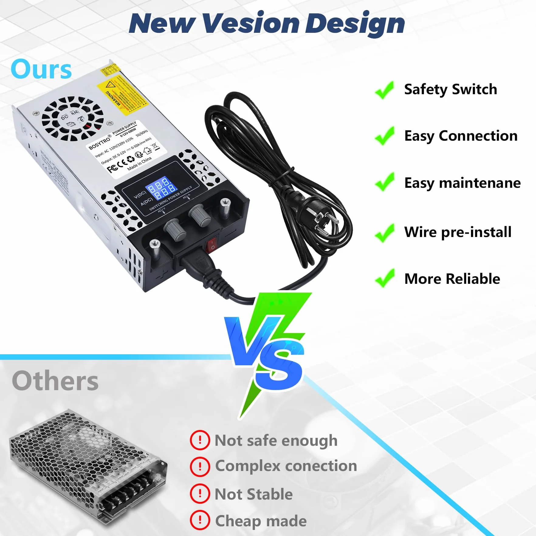 Alimentation réglable 0-12V 0-50A 600W Transformateur 220V 12V pour bande LED