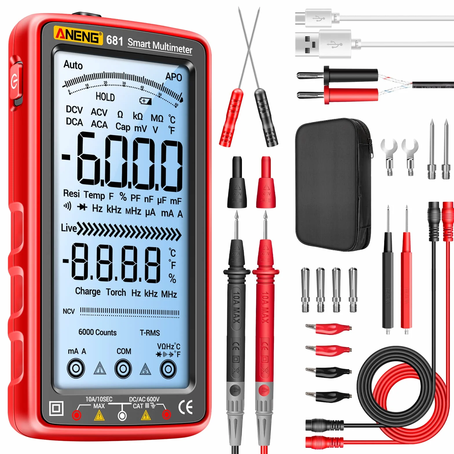 ANENG 681 Multimètre Numérique TRMS 6000 Points Testeur Tactile Intelligent Voltmètre Rechargeable à Plage Automatique