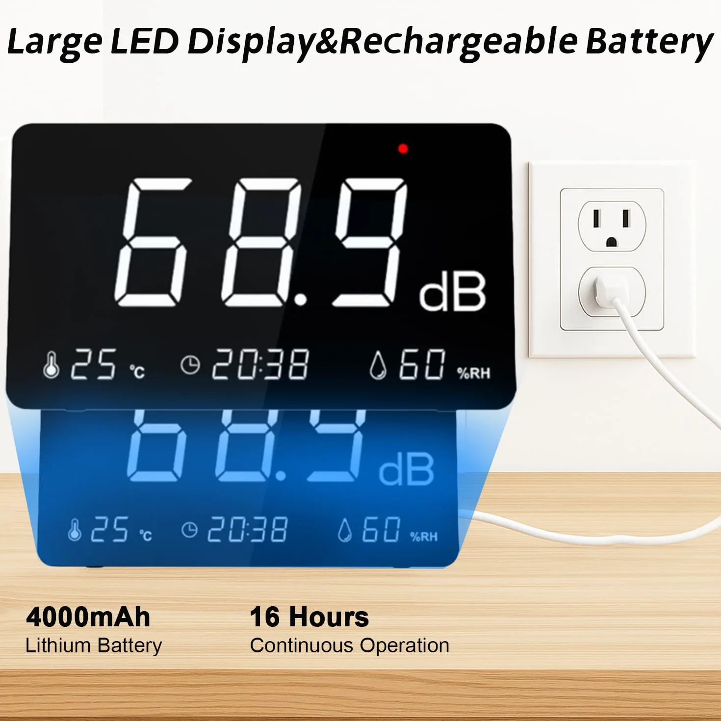 Sonomètre numérique 30-130dB avec journalisation des données, alarme, enregistrement 26000 données, pondéré A, rechargeable