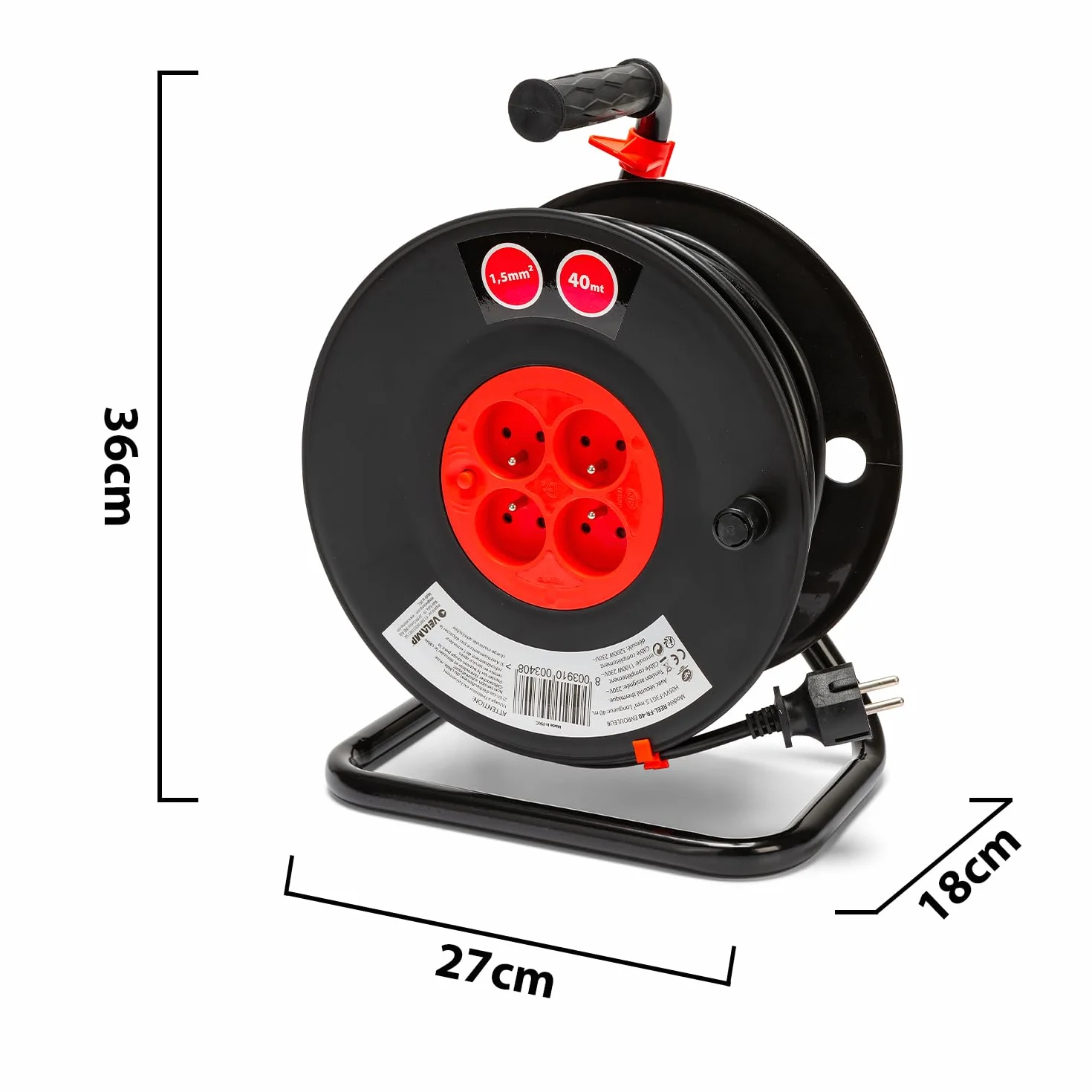 VELAMP REEL-FR-40 Enrouleur Rallonge Électrique 15M 4 Prises IP44 16A Câble 3G1,5 mm²
