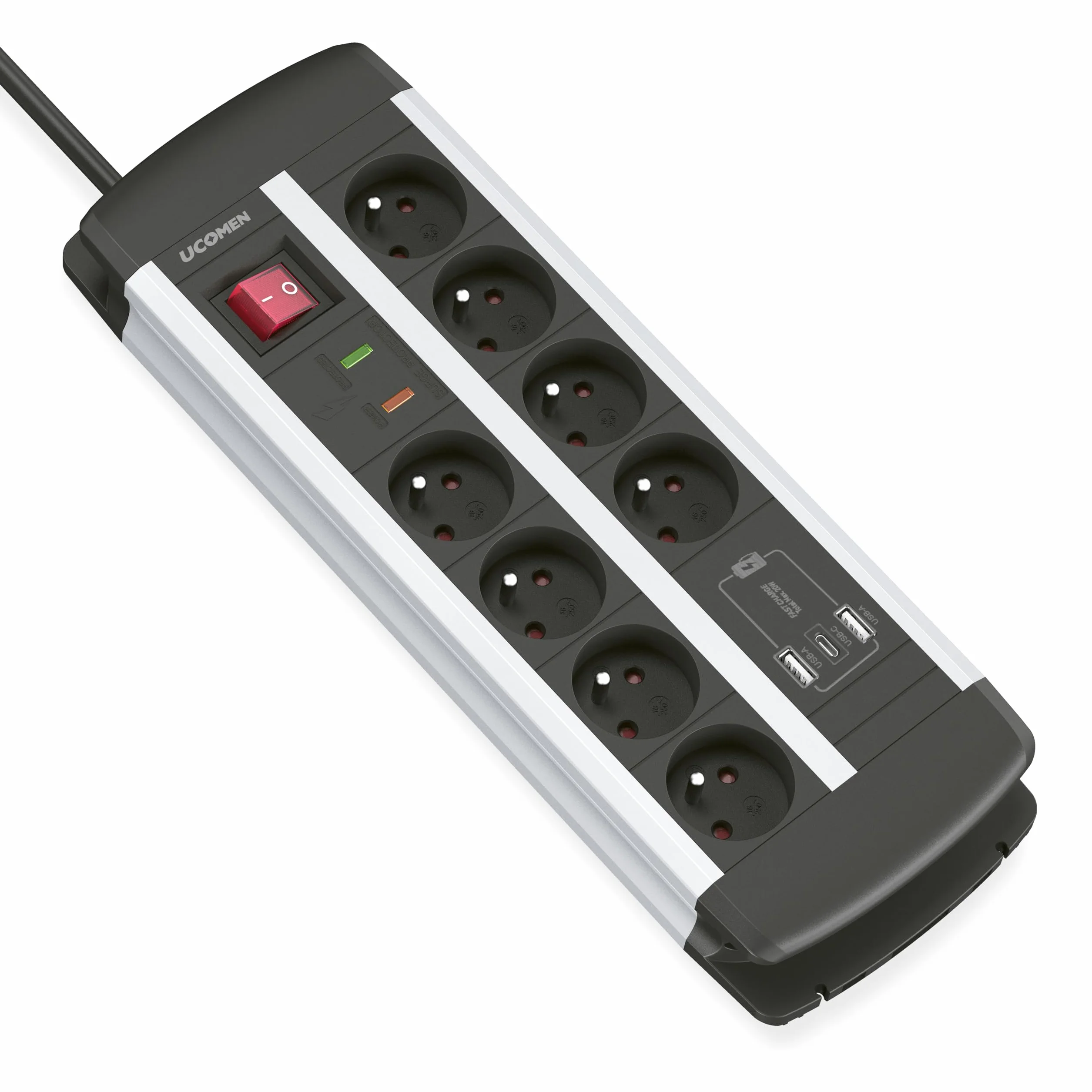 Bloc Multiprise 8 Prises USB A USB C 20W PD Charge Rapide Parafoudre Surtension TUV Interrupteur Fixation Murale 1,5m Prise Française 16A