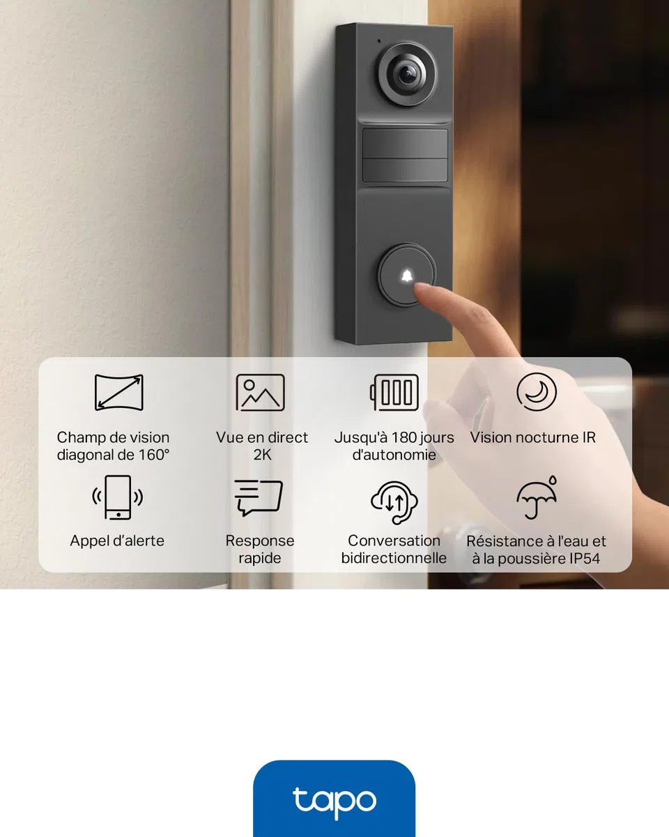Tapo D205 Sonnette sans fil avec caméra extérieur 2K 3MP IP54 étanche Grand angle 160° Vision Nocturne Détection Humaine AI Audio Bidirectionnel autonomie 180j