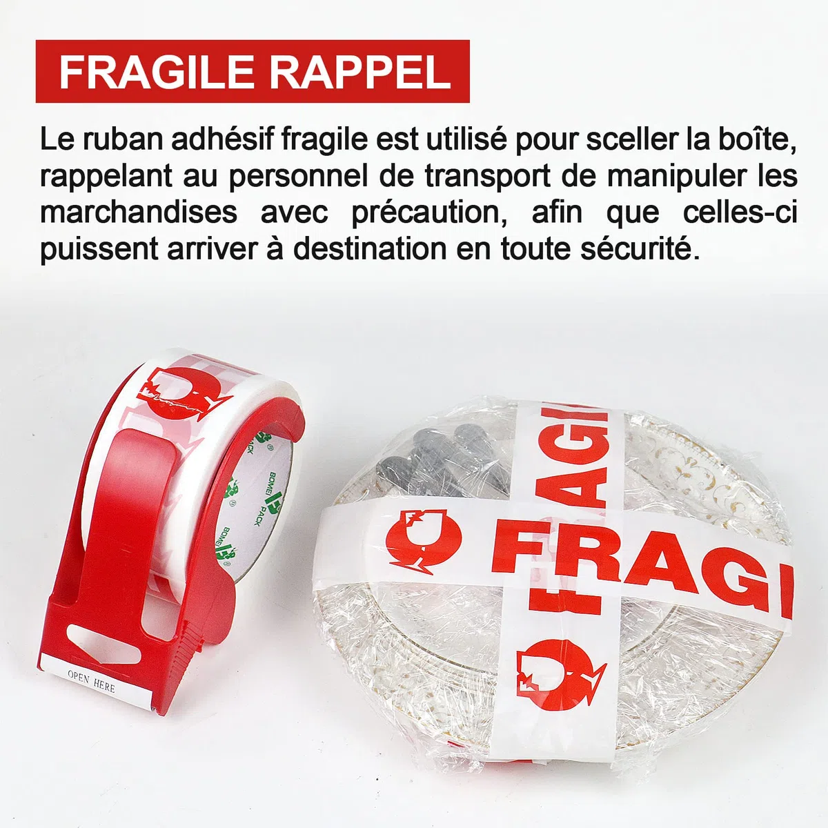 BOMEI PACK 18 Rouleaux Ruban Adhésif Fragile 48 mm x 66 m avec dévidoir
