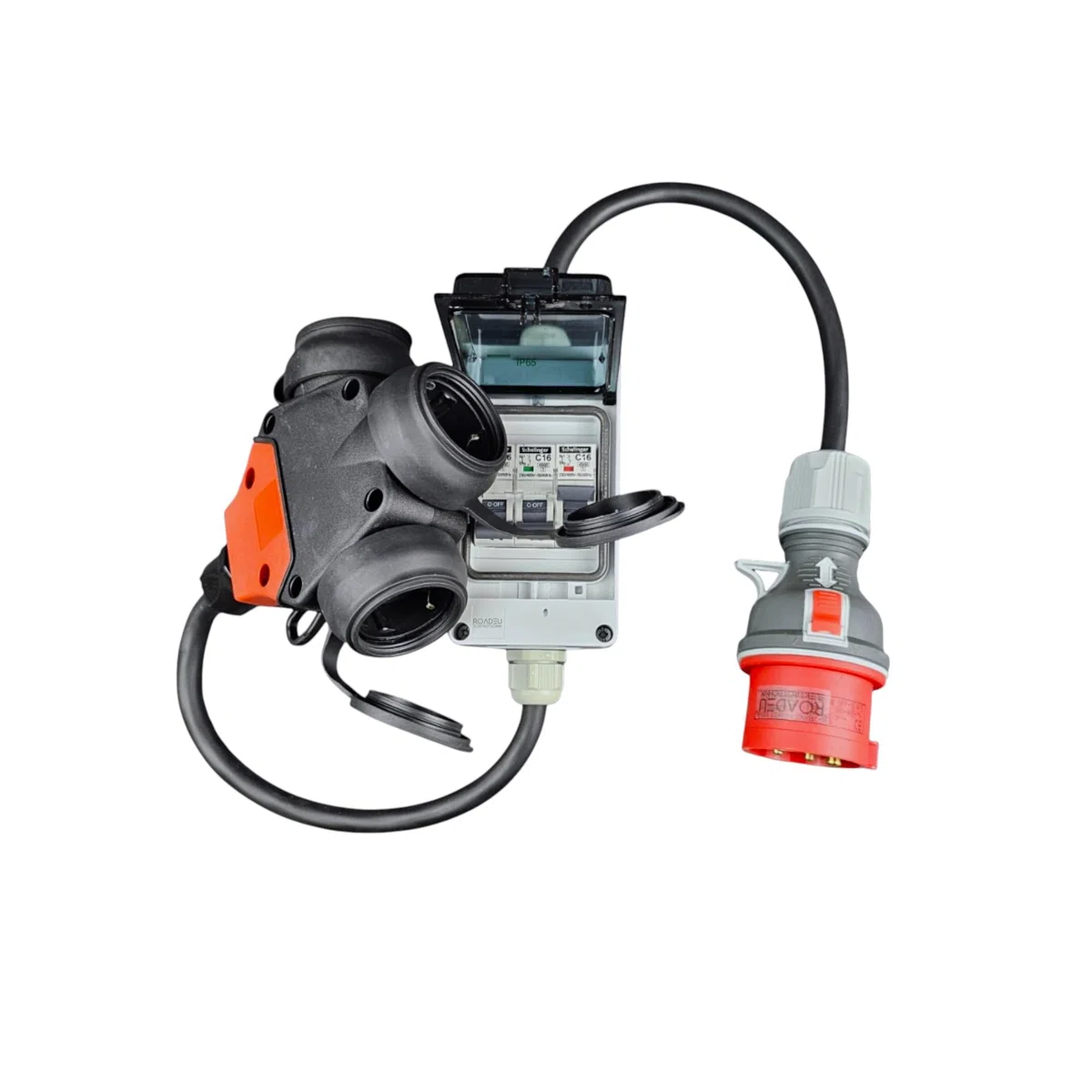 Adaptateur CEE 32A 5P vers Triple Prise 230V 2P+E Coffret IP44 3 Disjoncteurs C16 Câble Caoutchouc 1 m