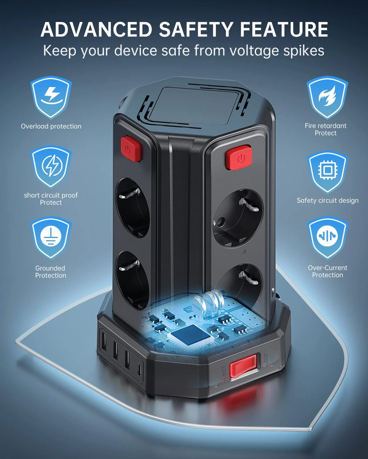 Sameriver Multiprise 8 Prises Protection Surtensions Interrupteur Câble 3 m
