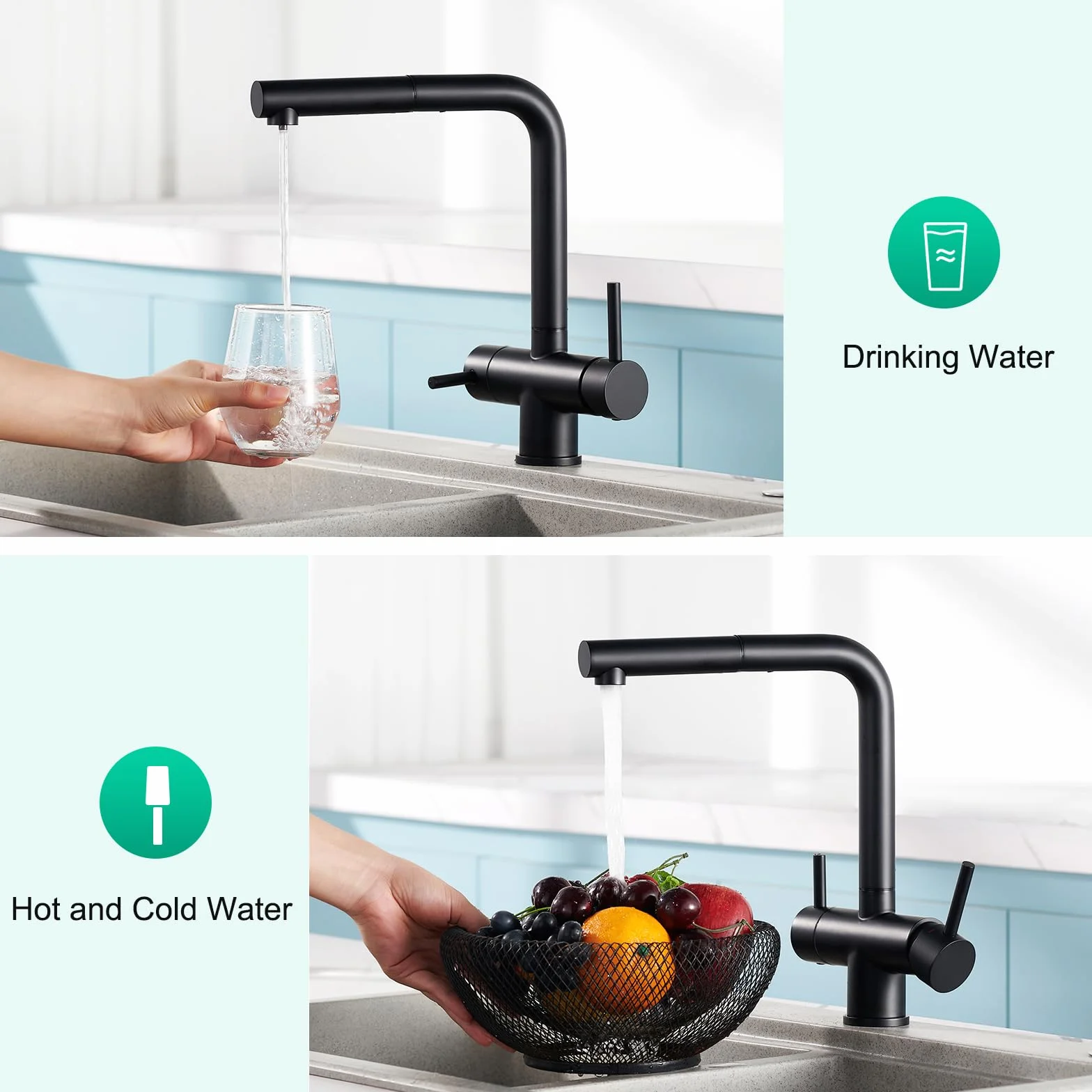 CREA Robinet Cuisine 3 Voies avec Douchette Extractible, Mitigeur Pivotant 360°, Noir Mat