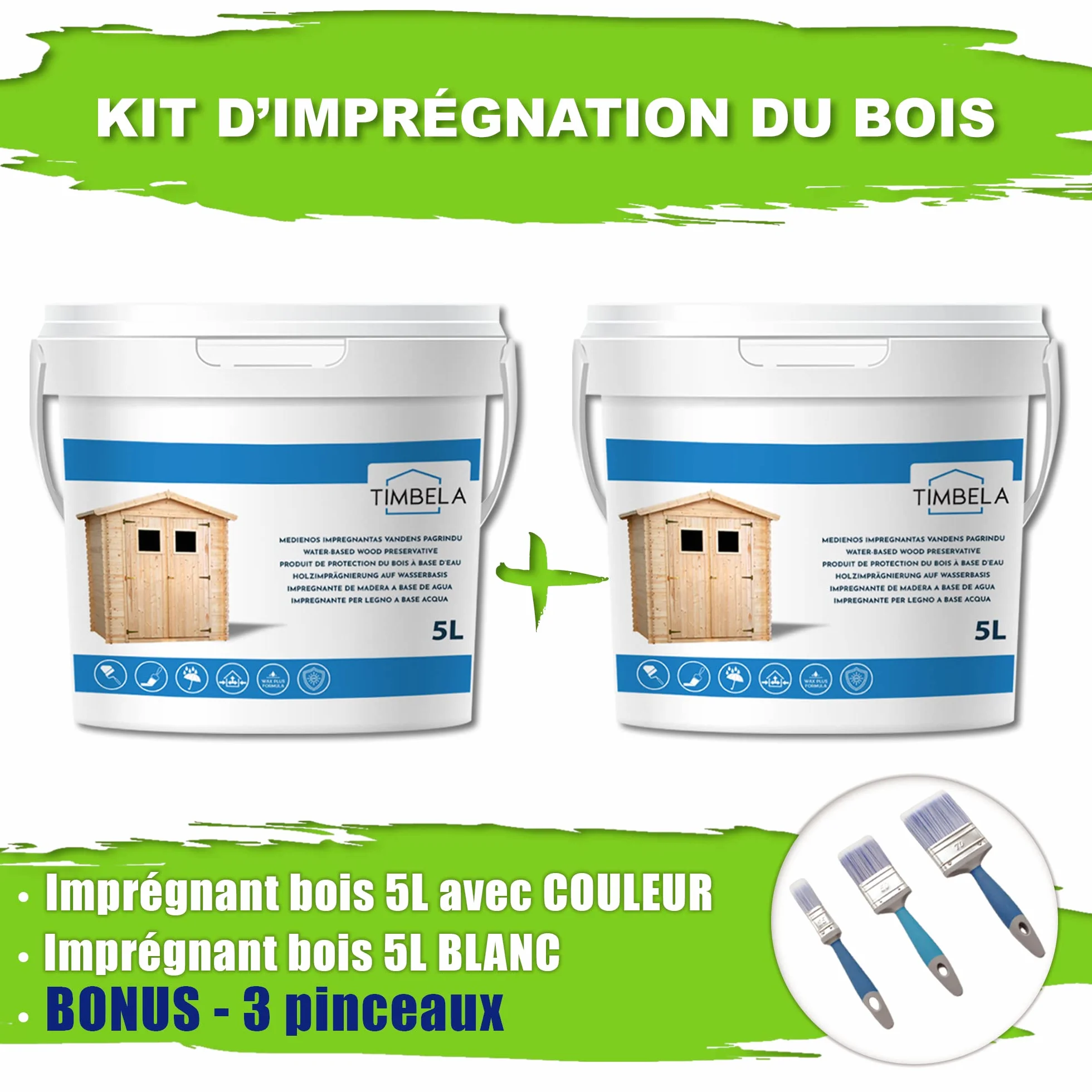 TIMBELA Peinture pour bois intérieur et extérieur 5L blanc 5L gris lot pinceaux