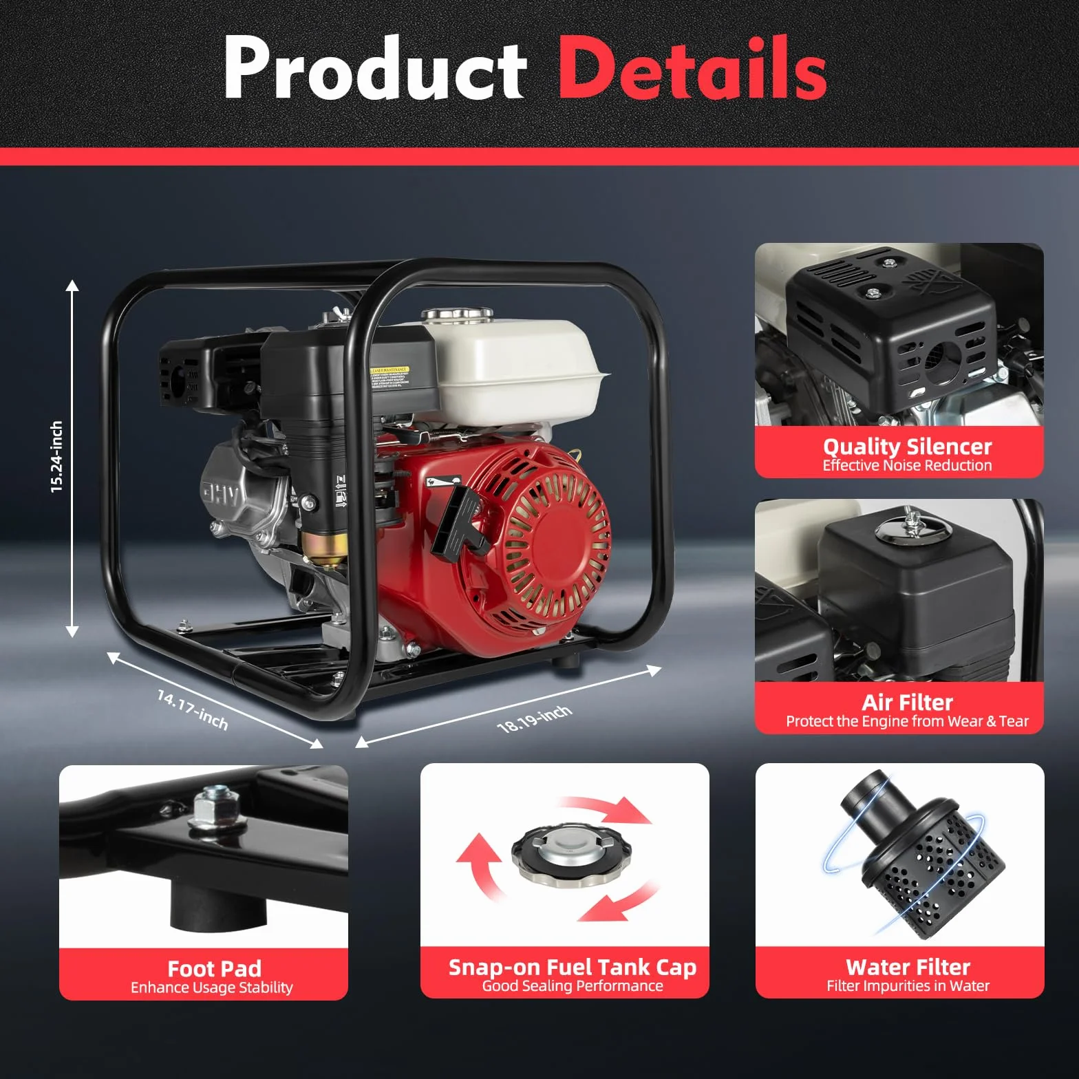 Pompe à eau à essence Moteur 4 temps 6,5 CV 210 CC 4,8 kW Motopompe eaux usées Raccord 2 pouces Hauteur refoulement 28 m Débit 36000 l/h
