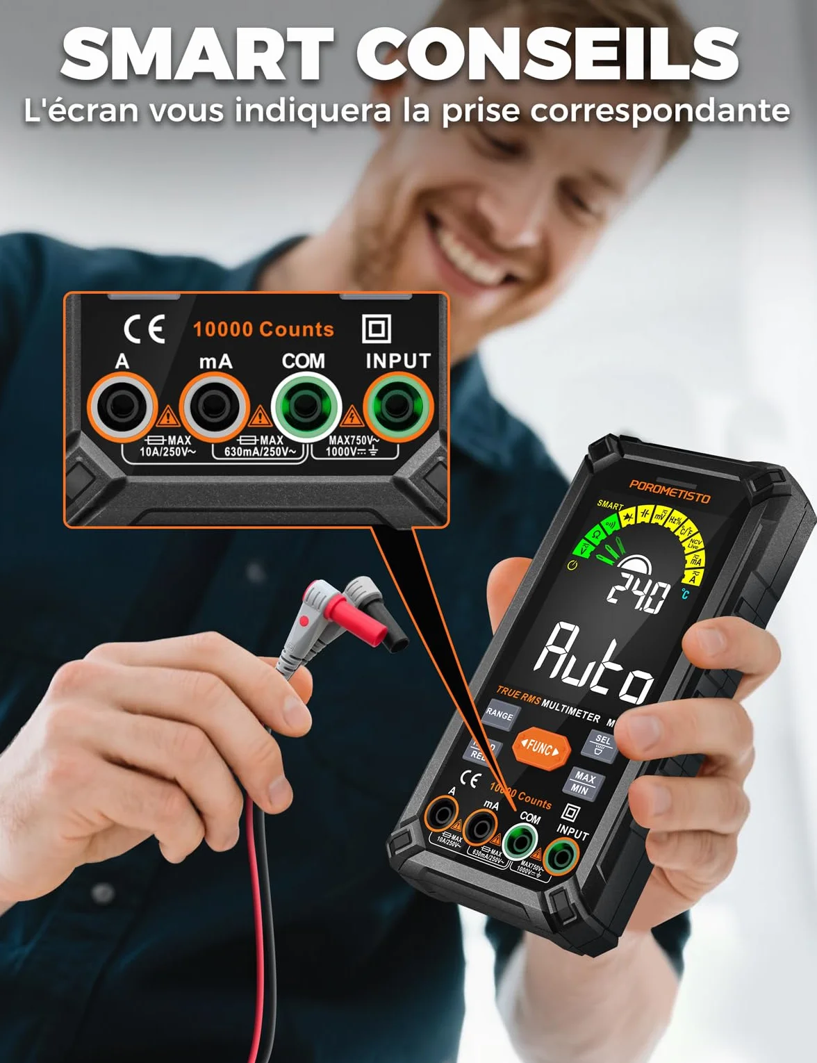 POROMETISTO Multimètre Numérique 10000 Comptes 750V CA 1000V CC Automatique Rechargeable