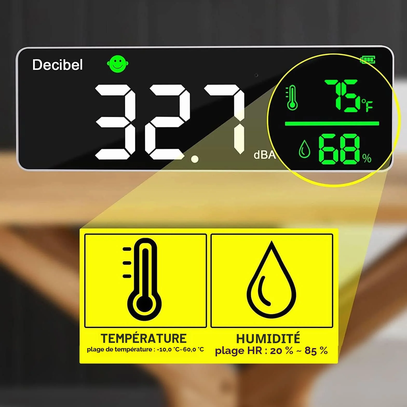 Sonomètre mural 27,9 cm écran LED bruit température humidité indicateur alarme