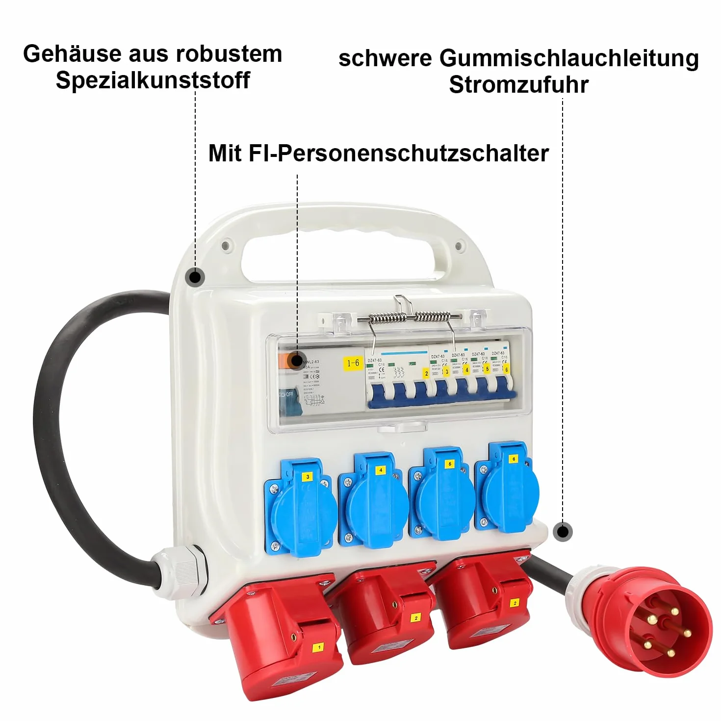Lot de 2 distributeurs de flux CEE 400 V/16 A 5 pôles, 1 CEE 400 V/32 A 5 pôles, 4 x 230 V Schuko, IP44 séparateur mural chantier