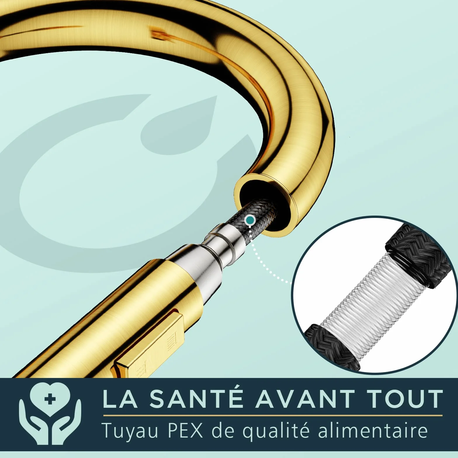 FORIOUS Robinet Cuisine Mitigeur Douchette Pivotant 360° Évier Arc Élevé Pulvérisateur Escamotable 2 Modes Or Brossé