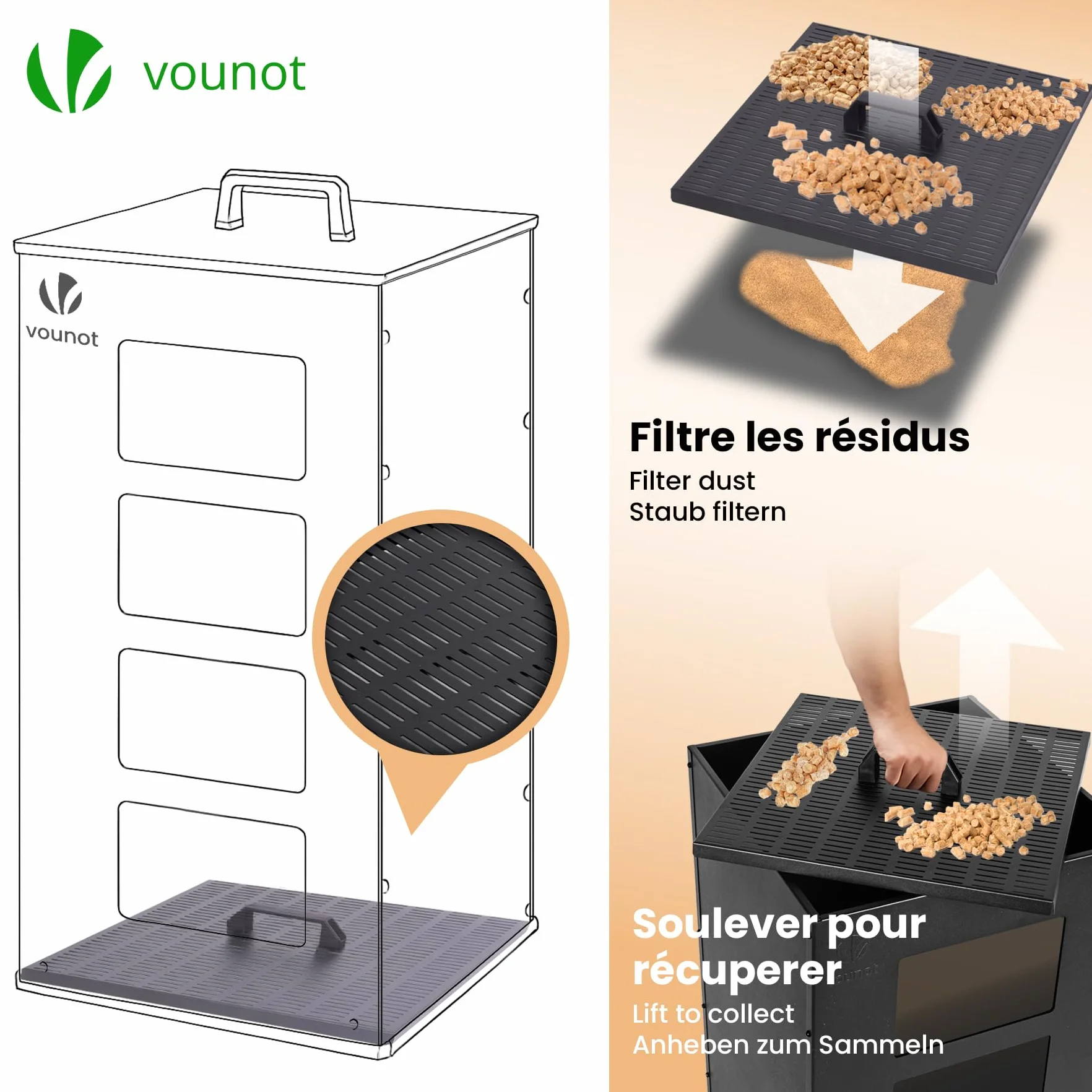 Réservoir à Granulés en Métal 45kg avec Roulettes et Tamis Amovible 36x36x76cm Noir