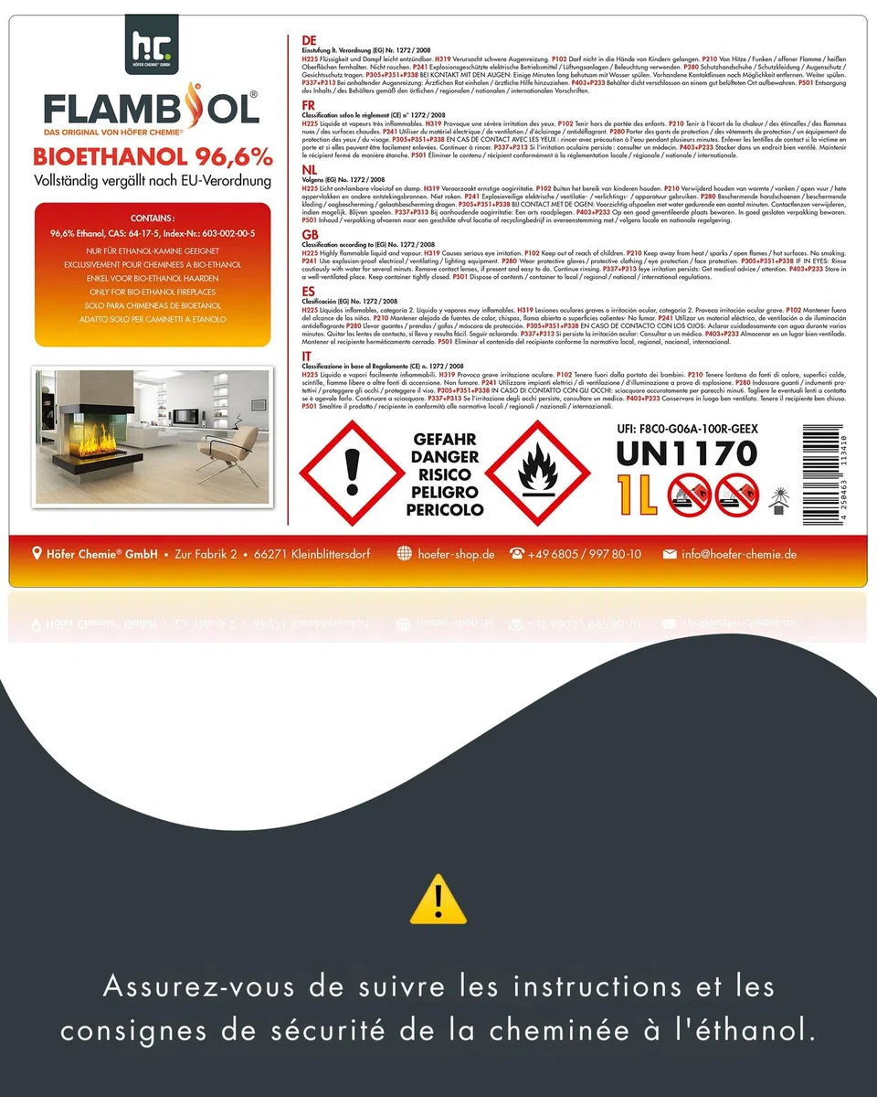 Höfer Chemie Bioéthanol 96,6% Premium 15 x 1 L pour Cheminée