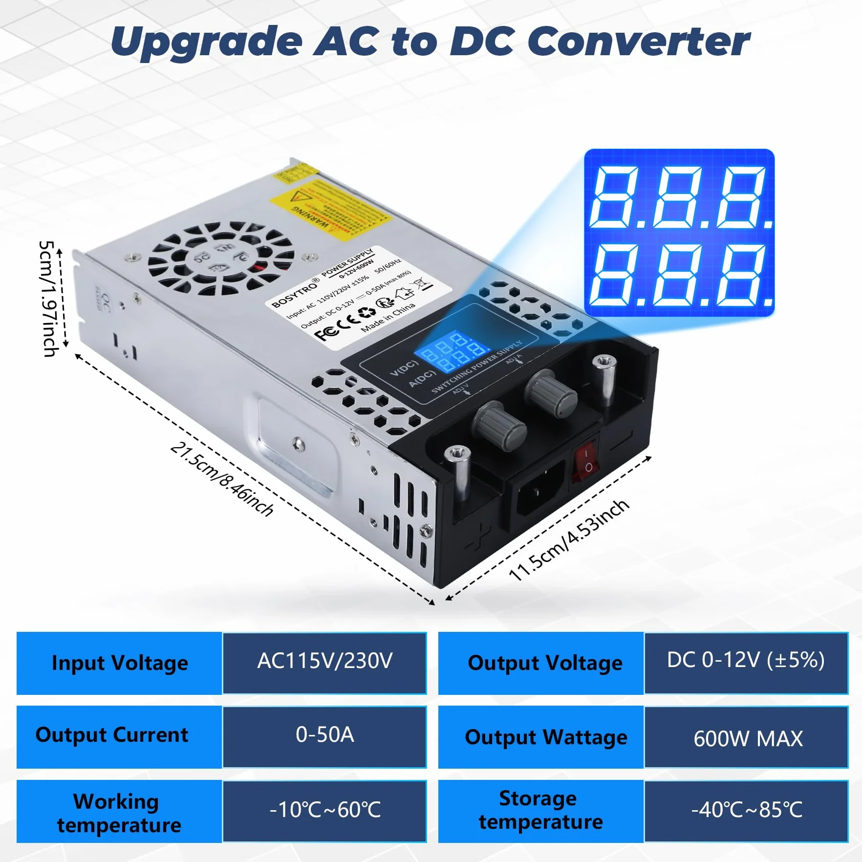 Alimentation réglable 0-12V 0-50A 600W Transformateur 220V 12V pour bande LED