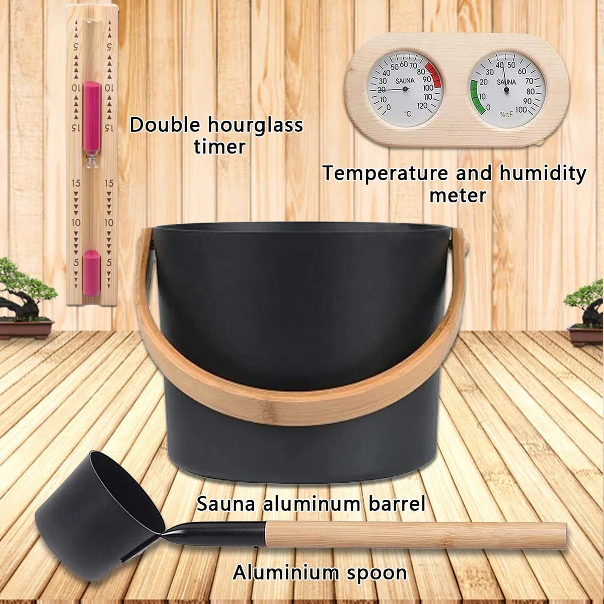 Seau Pour Sauna 7L Set Complet Avec Louche En Bois Pin Finlandais Thermomètre Hygromètre Sablier