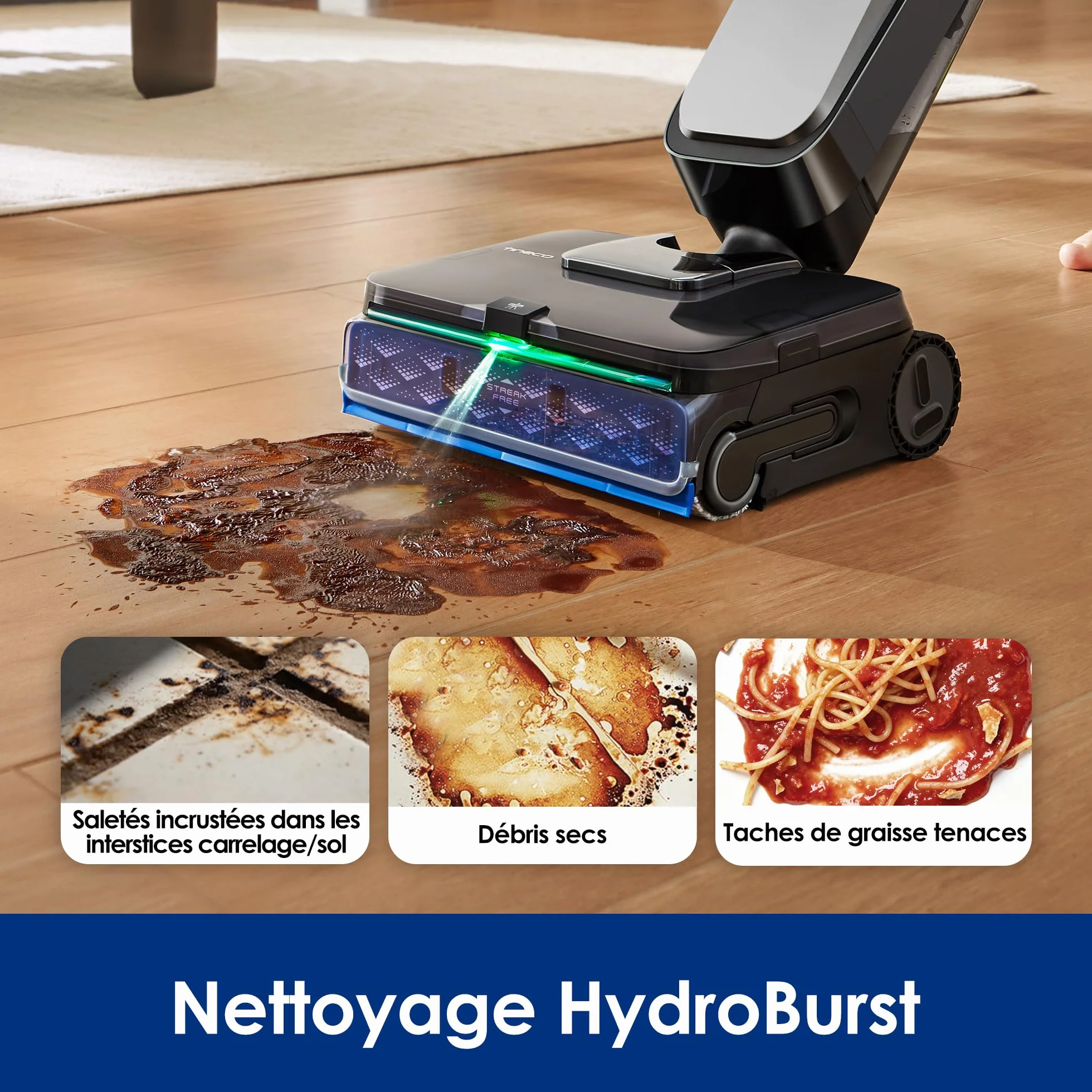 Tineco Floor One S9 Scientist Aspirateur Laveur StreakFree HydroBurst SmoothDrive 360° Anti-emmêlement DualBlock FlashDry 85°C autonomie 80min Nettoyage Bords 3 Faces 180° à Plat
