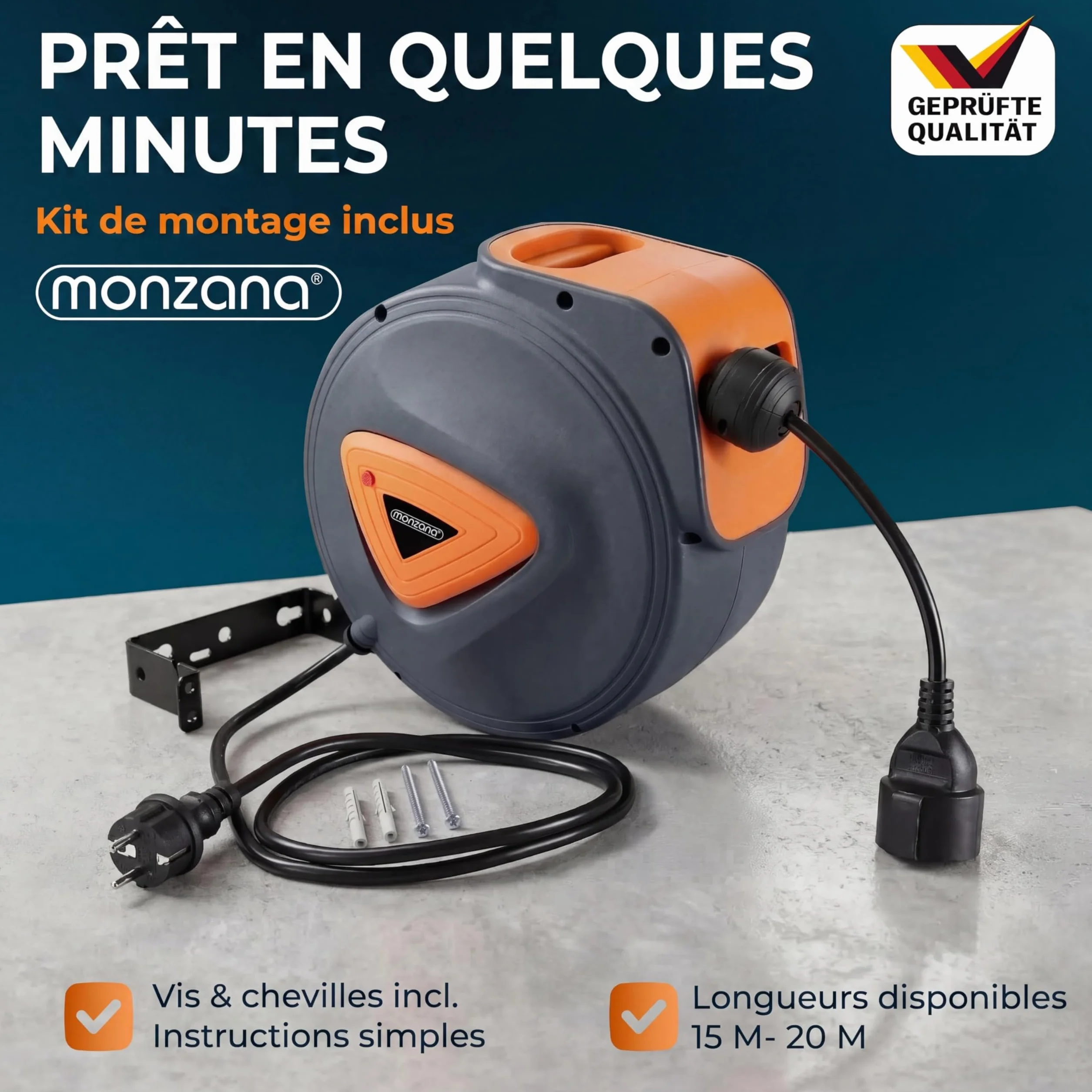 MONZANA Enrouleur Electrique Mural 20 M Support Pivotant 180° Automatique Compact