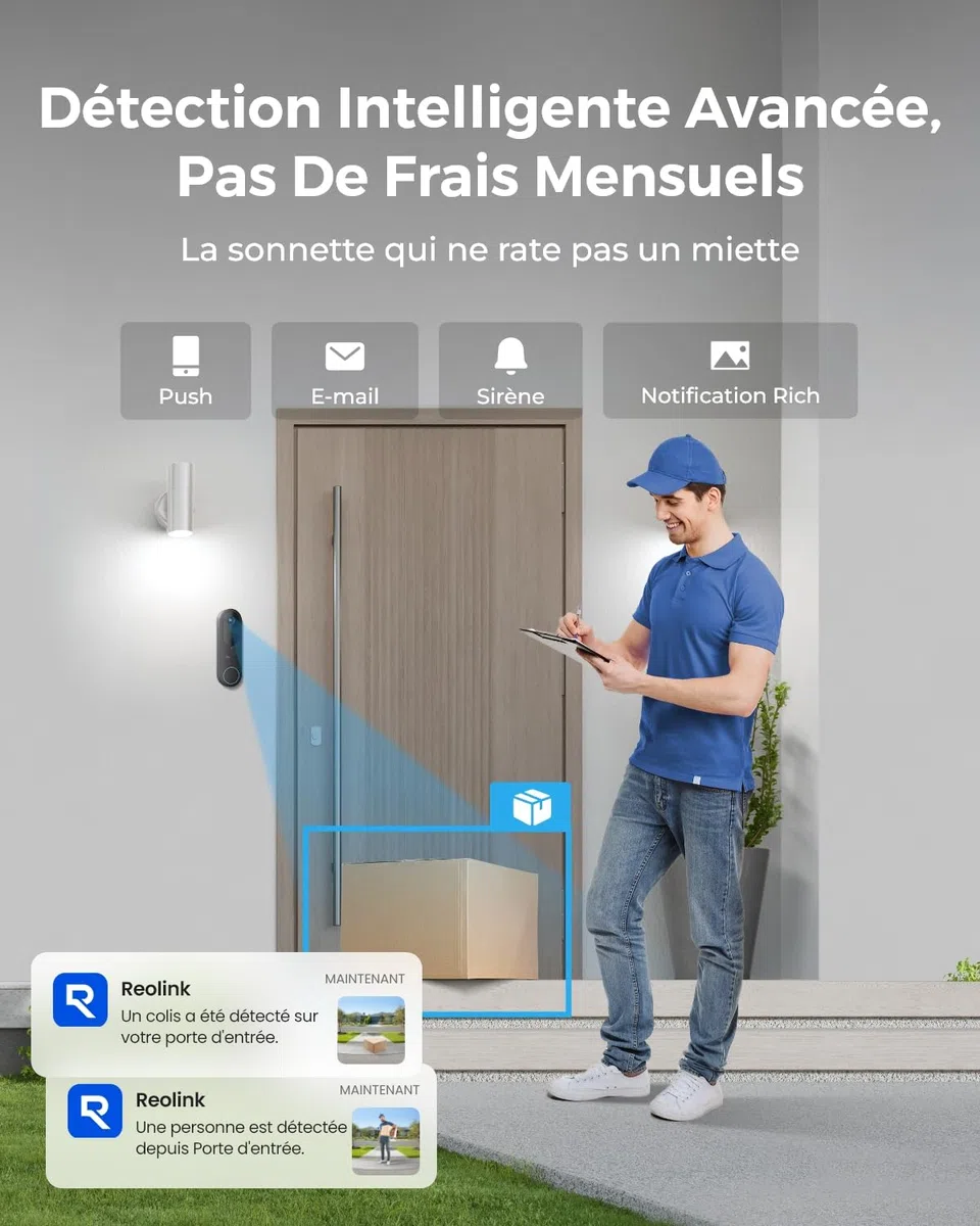 Reolink Caméra Sonnette 2K sans Fil avec Batterie, Wi-Fi 2.4/5GHz, détection Personnes/Véhicules/Colis, Audio bidirectionnel, Video Doorbell