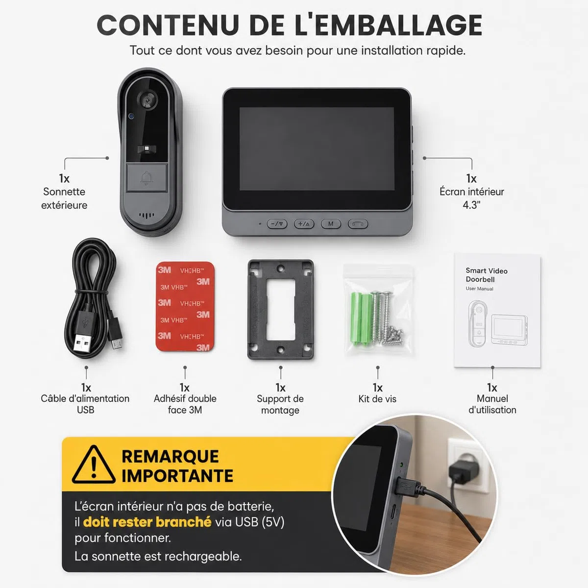 Sonnette sans Fil avec Caméra Extérieur Étanche 1080P, Visiophone Vidéo sans Fil Écran 4.3" Interphone Vidéo Exterieur Etanche Angle 170° Portier Vidéo Maison