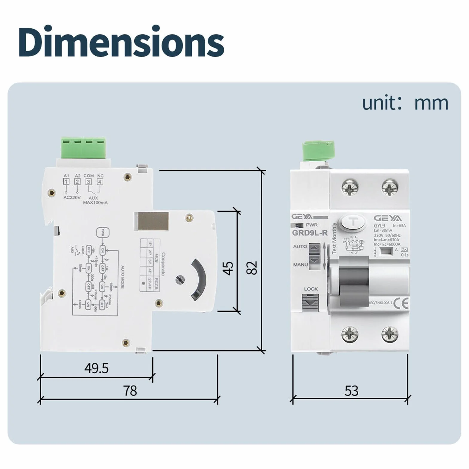 GEYA Réenclencheur automatique RCCB RCD ELCB A type 2P 40A 30mA AC220V