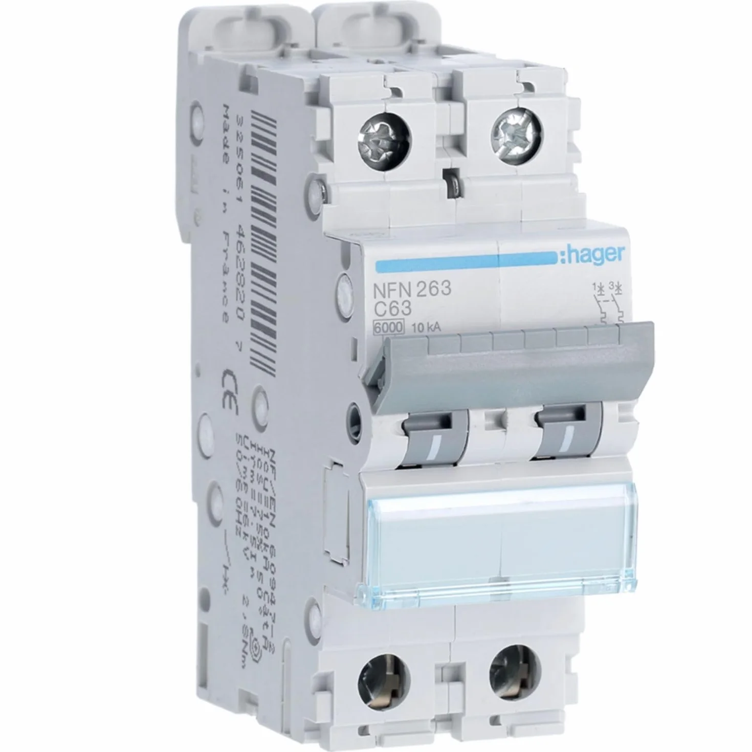 Disjoncteur Hager 2 pôles 63A 6kA Courbe C Vis/Vis