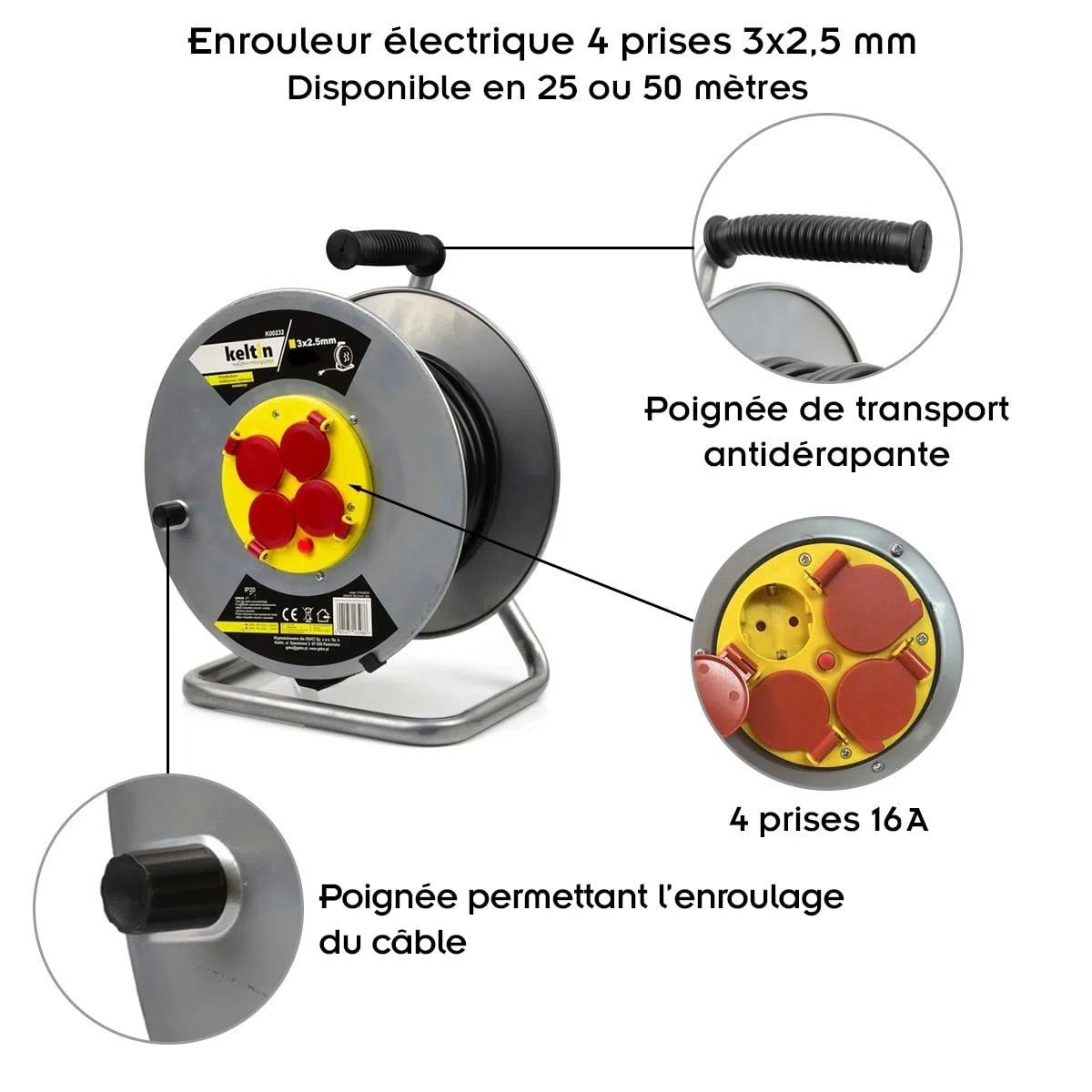 Enrouleur électrique 4 prises 16 A IP20 câble H05VV-F 3G 2,5 mm² 50 m