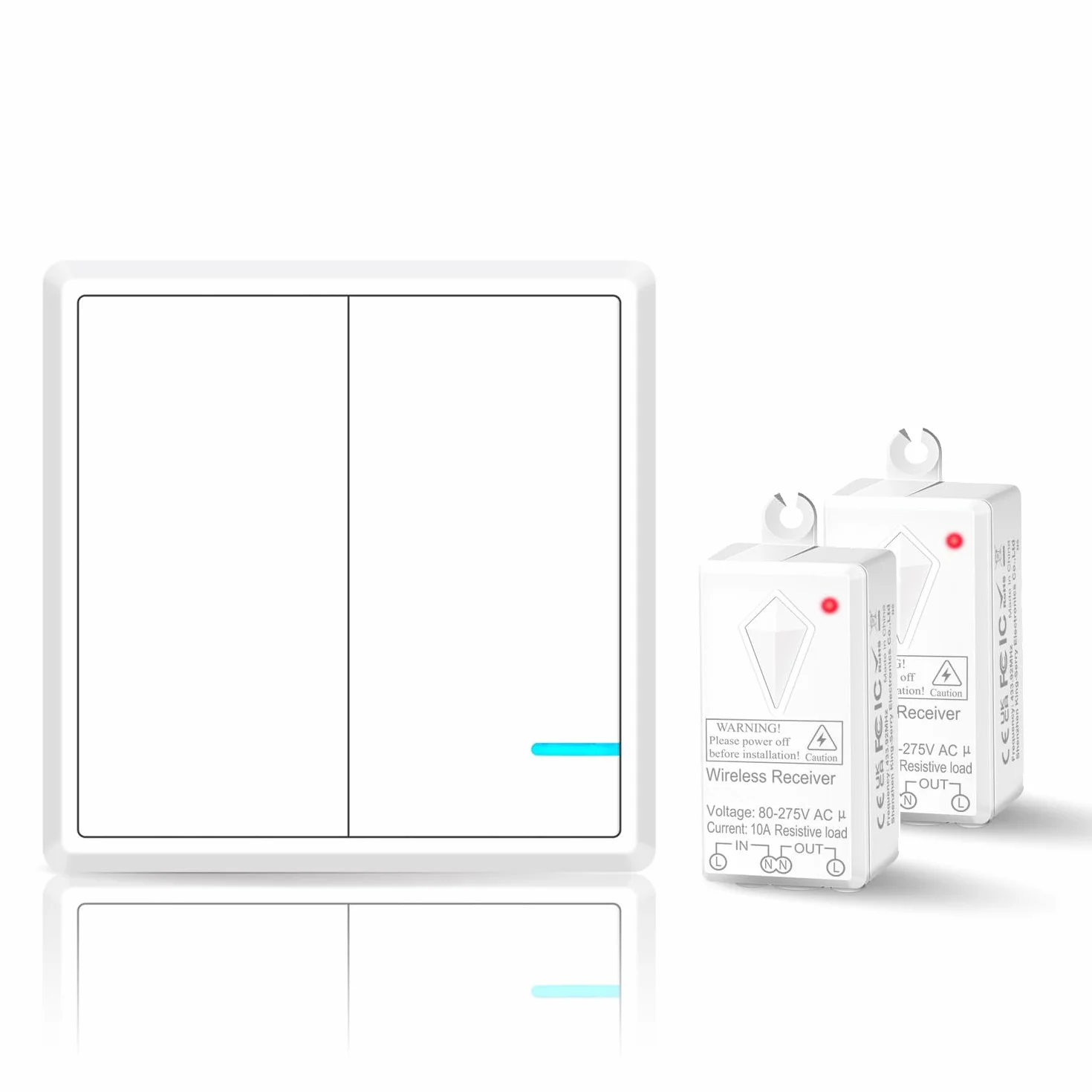 Interrupteur mural sans fil 2 canaux avec récepteur - Portée 30 m - Lot de boutons