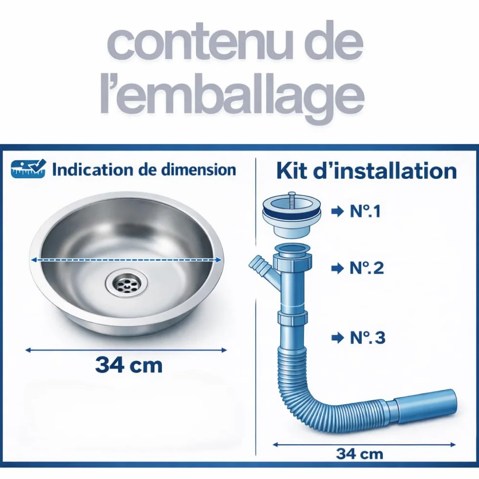 Évier Rond Inox Ø34 cm Cuisine Camping Caravane Sans Trou Robinet