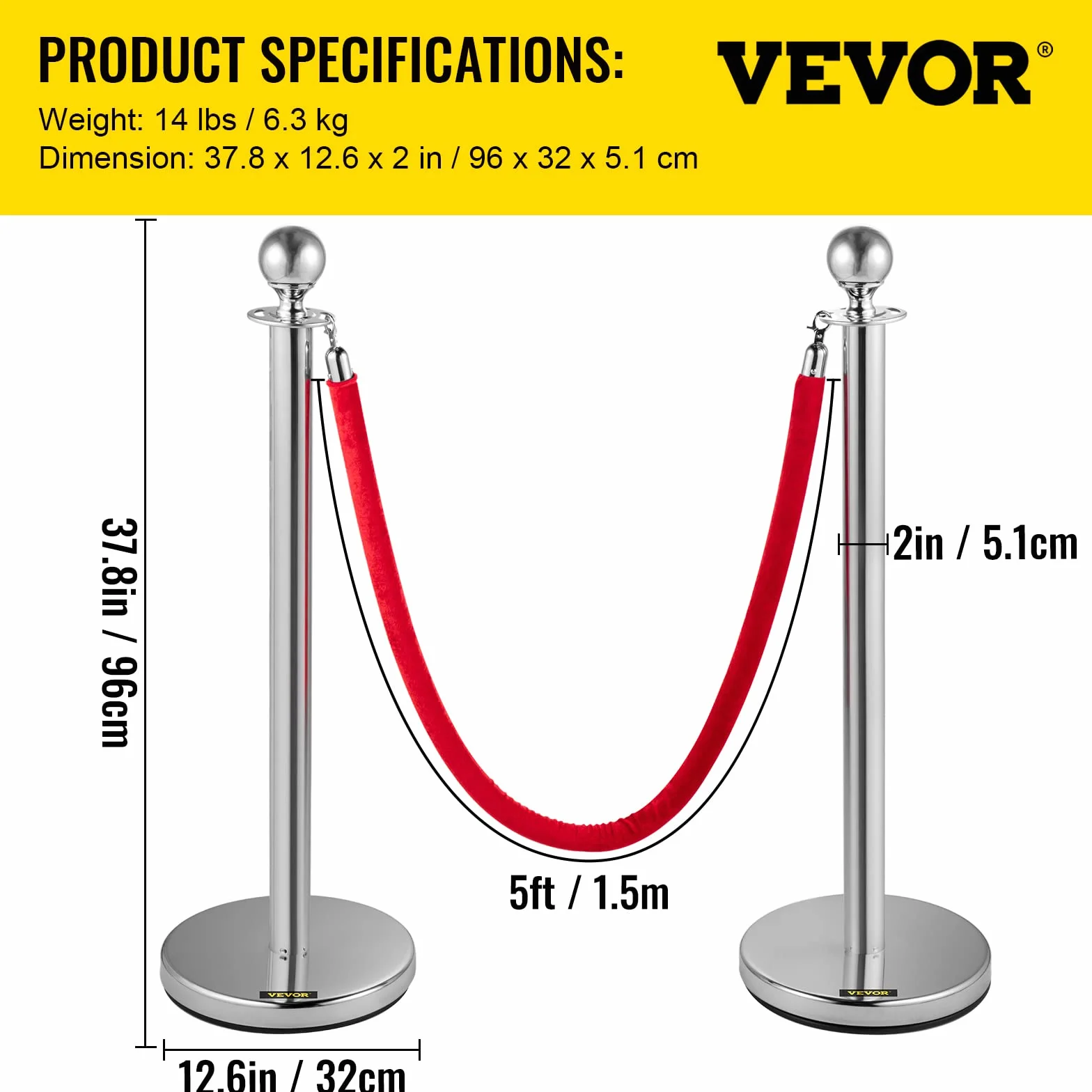 VEVOR 4 Poteaux de Guidage Séparation Argenté avec Cordes Velours Rouges 1,5 m, Barrière de Queue Hauteur 96 cm