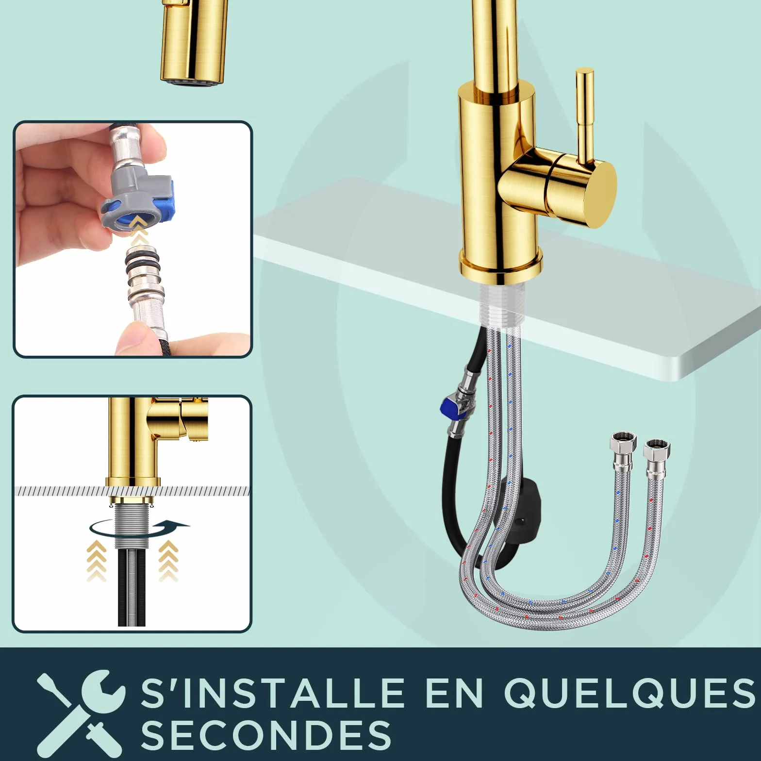 FORIOUS Robinet Cuisine Mitigeur Douchette Pivotant 360° Évier Arc Élevé Pulvérisateur Escamotable 2 Modes Or Brossé