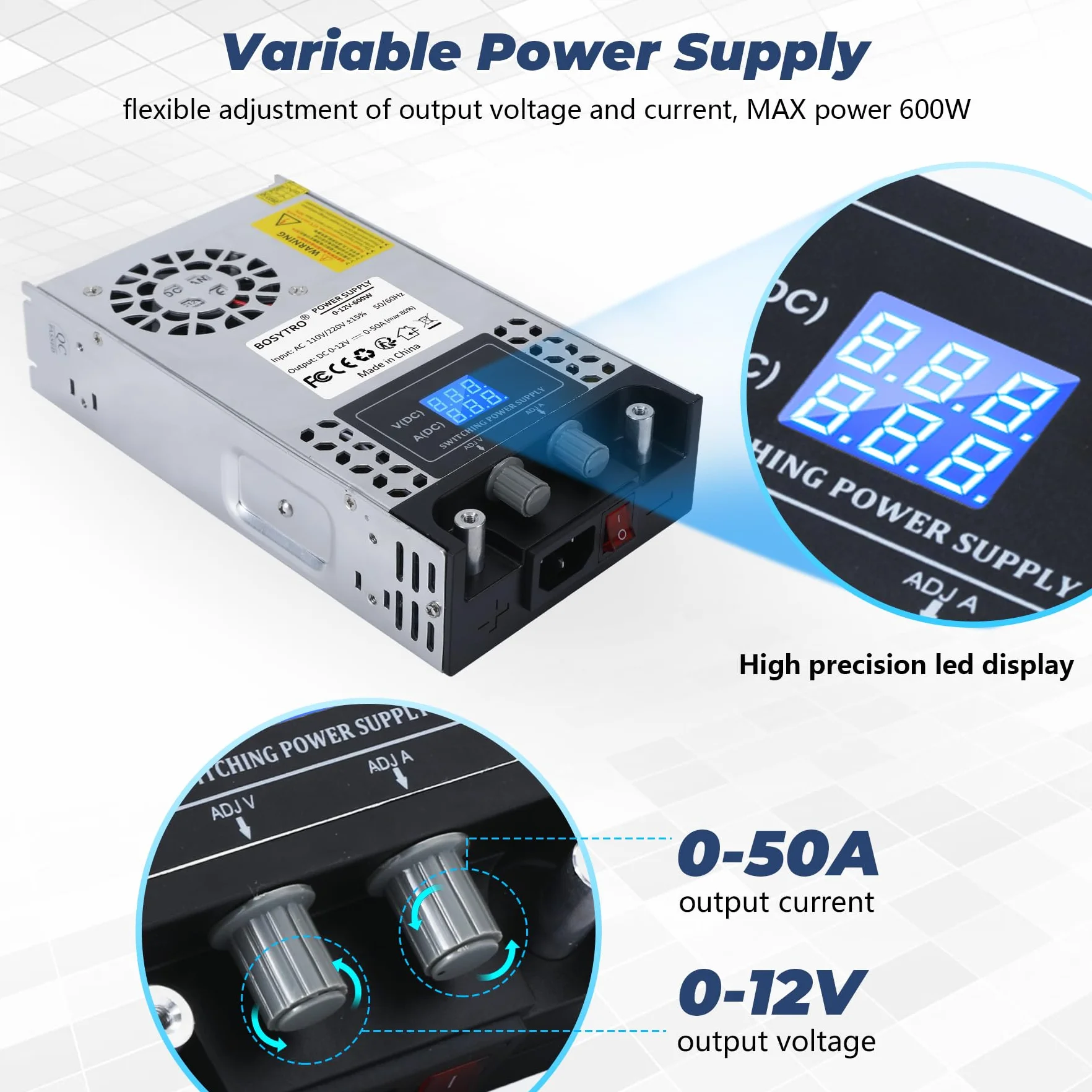 Alimentation réglable 0-12V 0-50A 600W Transformateur 220V 12V pour bande LED