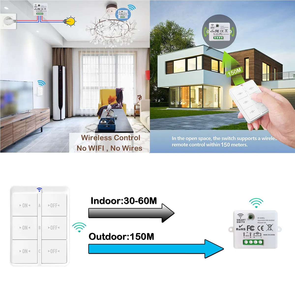 Kit interrupteur sans fil va et vient 433 MHz 150 mètres 2200W 1 interrupteur 3 récepteurs