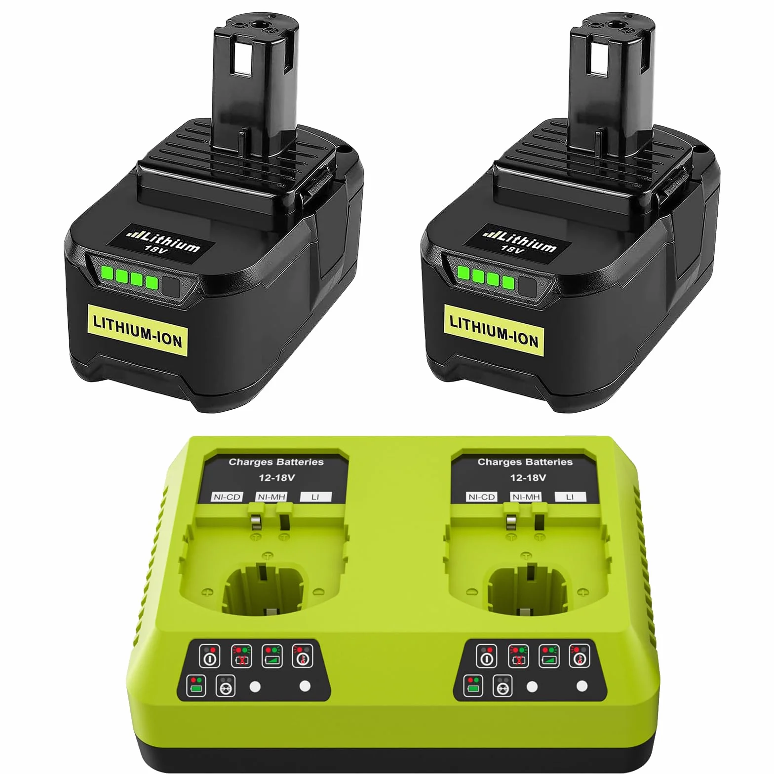 Batteries 5500mAh 2x pour Ryobi 18V One+ et Chargeur Double Port Compatibles P108 RB18L50