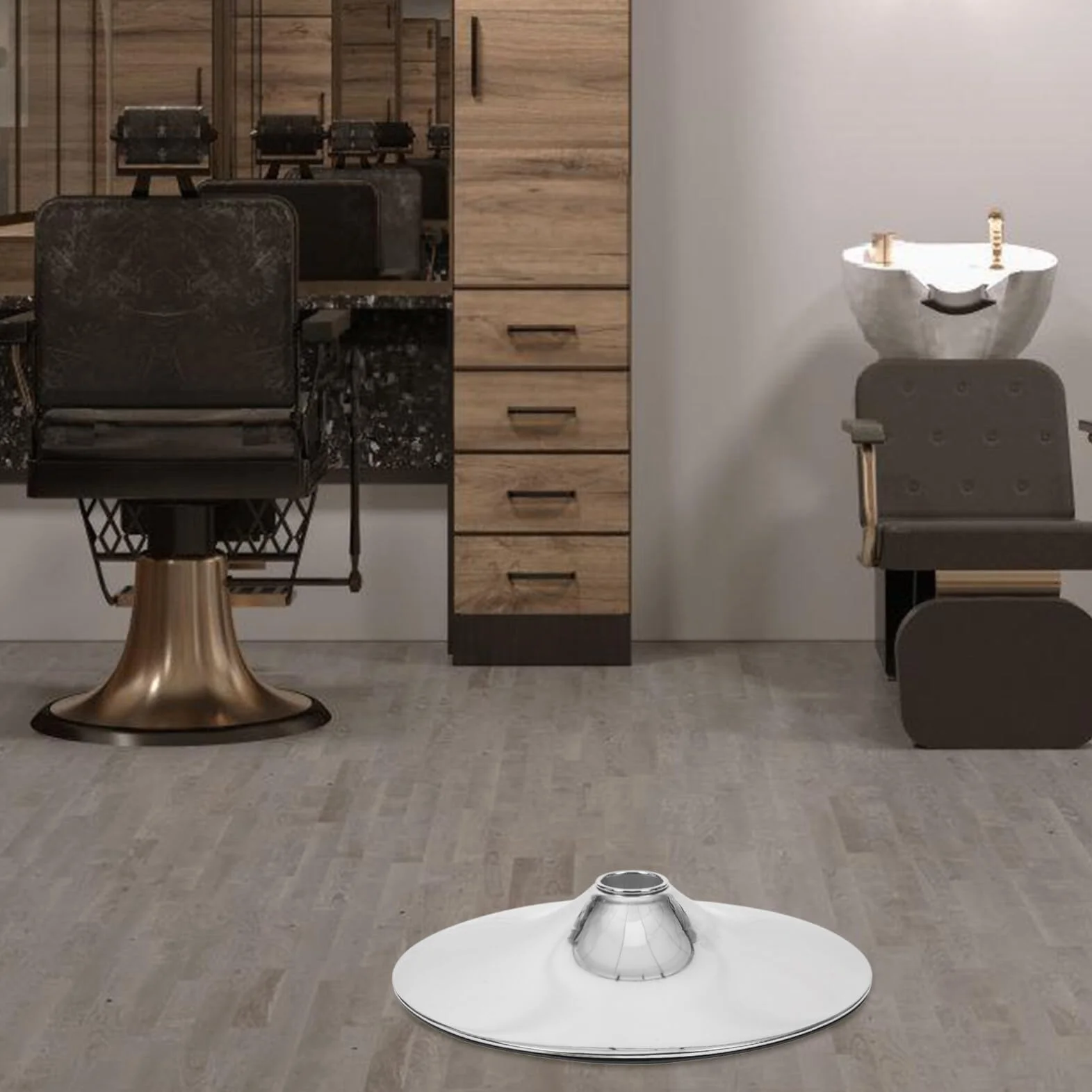 Socle Pivotant Fauteuil Salon Barbier Acier Inoxydable Robuste Argenté Accessoire Coiffure