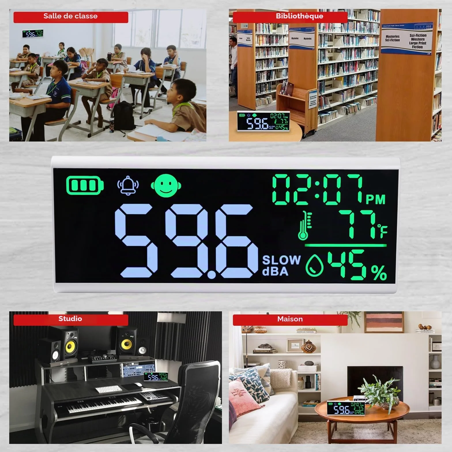 Compteur de décibels 13 pouces - Sonomètre mural et de table avec affichage LED, alarme sonore
