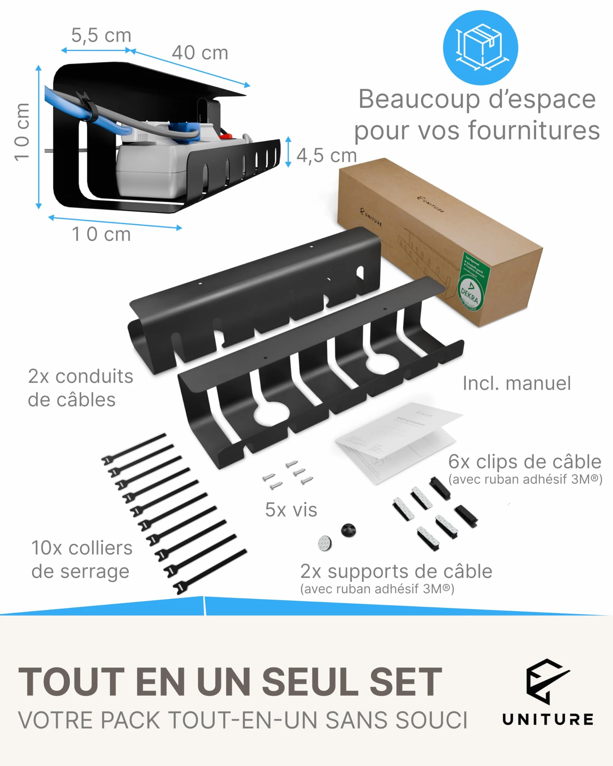 Lot de 2 Passe-câble Bureau Adhésif 40 cm Cache-Fil Goulotte Gestion des Câbles Noir