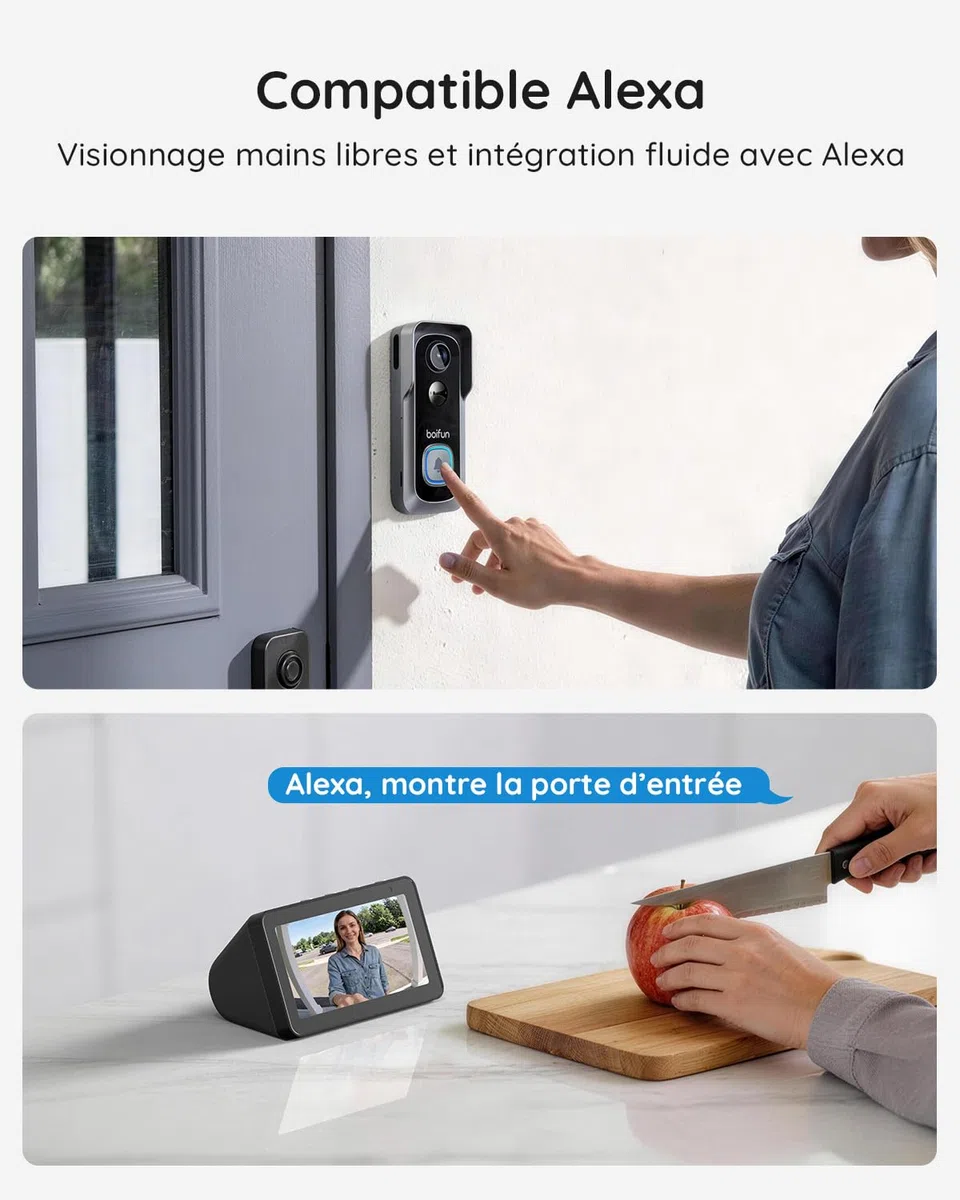 BOIFUN Sonnette sans Fil Exterieur IP65 2K 3MP Wi-Fi 2,4 GHz Grand Angle 166° Vision Nocturne Noir