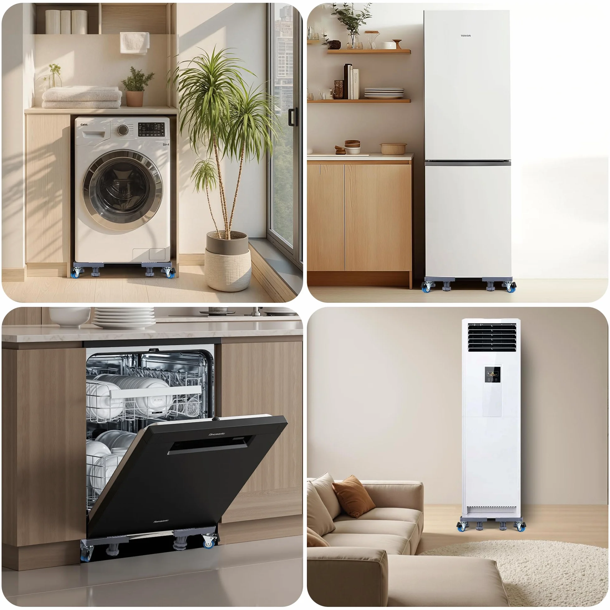 Support Machine à Laver Réglable 42-66 cm Socle Lave Linge 8 Pieds 4 Roues Base Antidérapante 300 kg