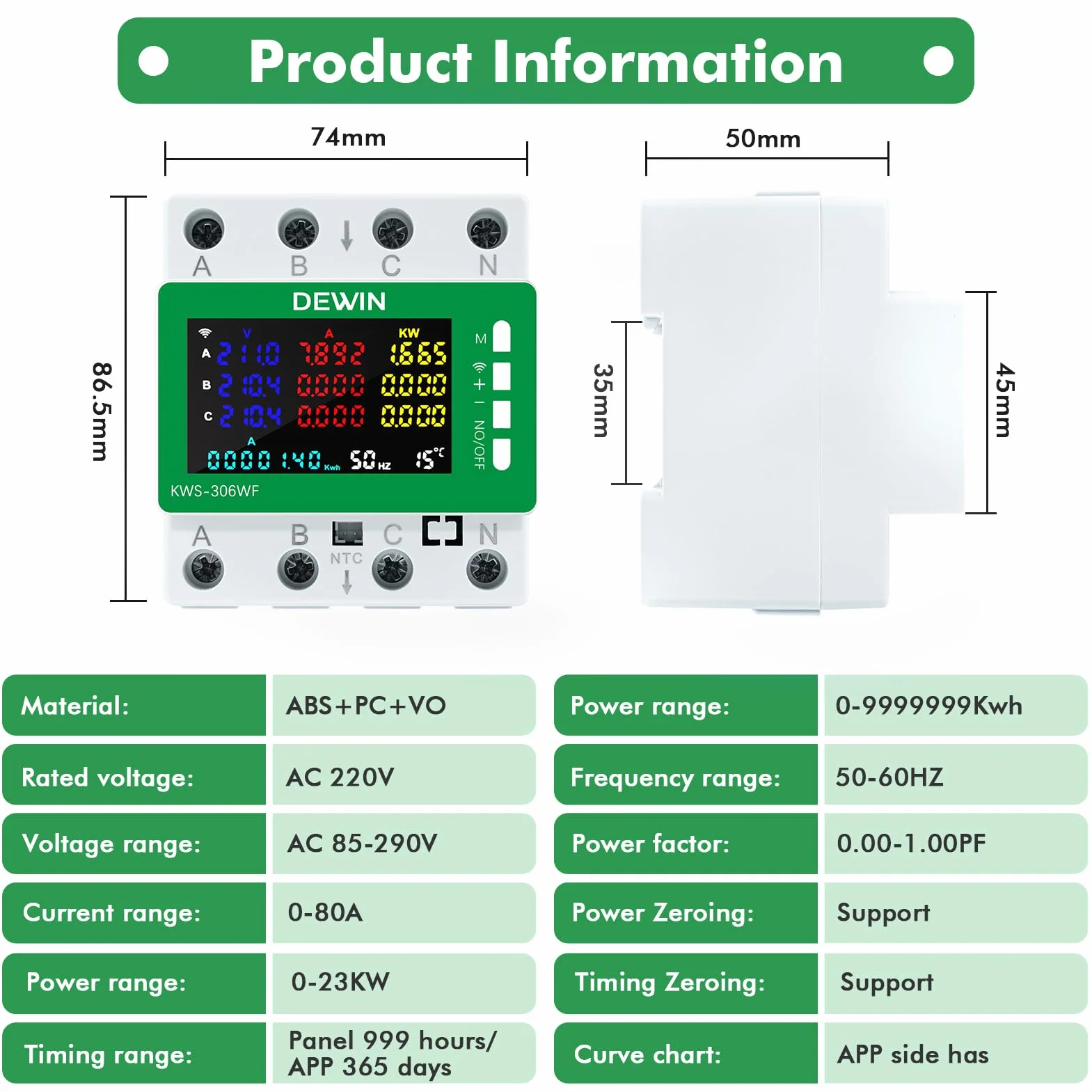 Compteur Électrique Triphasé WiFi Tuya Smart Meter 80A AC 85-290V 9 en 1 Wattmètre KWh Voltmètre Ampèremètre