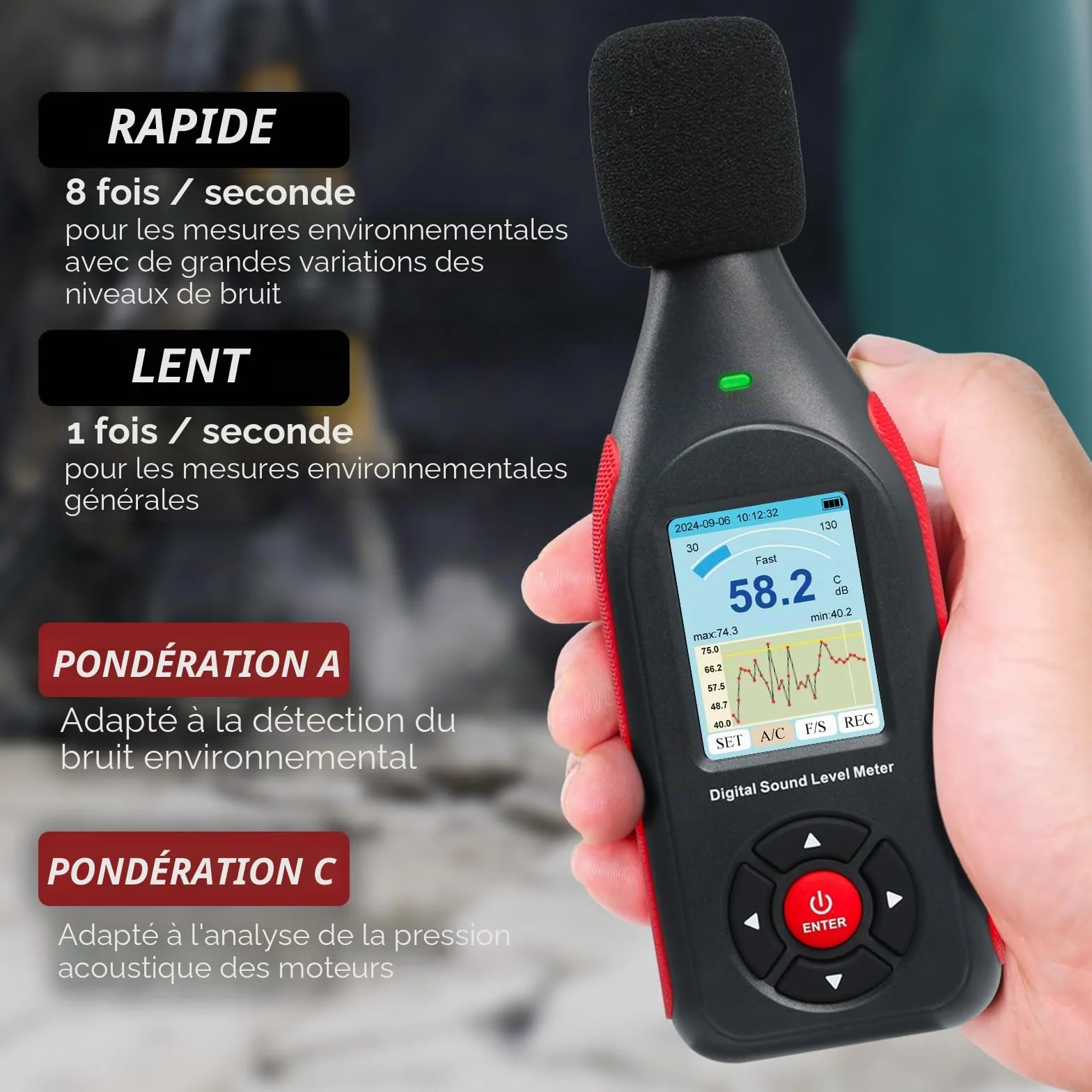 Décibelmètre numérique avec enregistreur de données, niveau sonore rechargeable, fréquence A/C, sortie CC