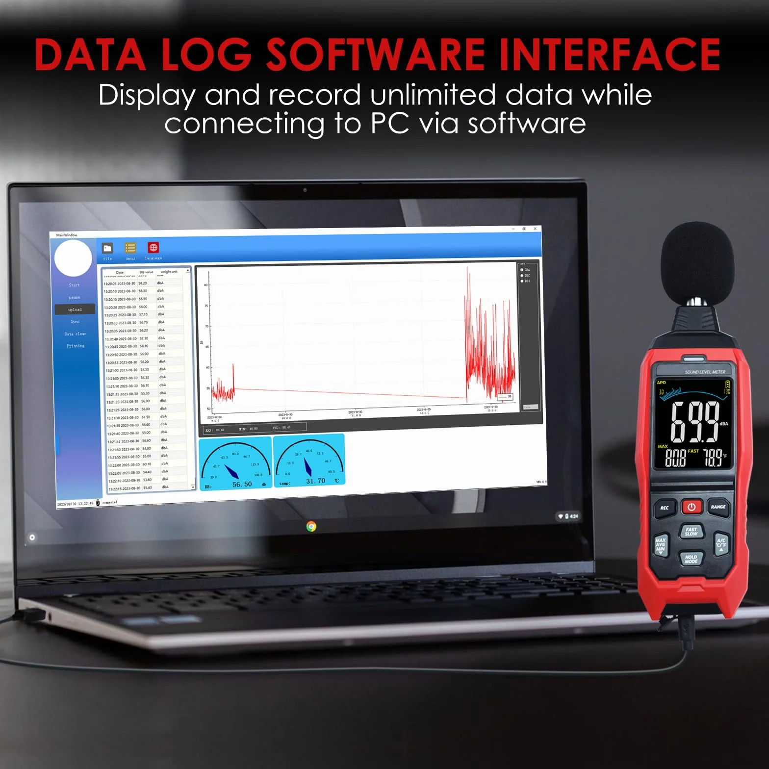 Sonomètre Compteur de Niveau Sonore 30-130 dB avec Enregistrement de Données Alarme Visuelle Connexion PC